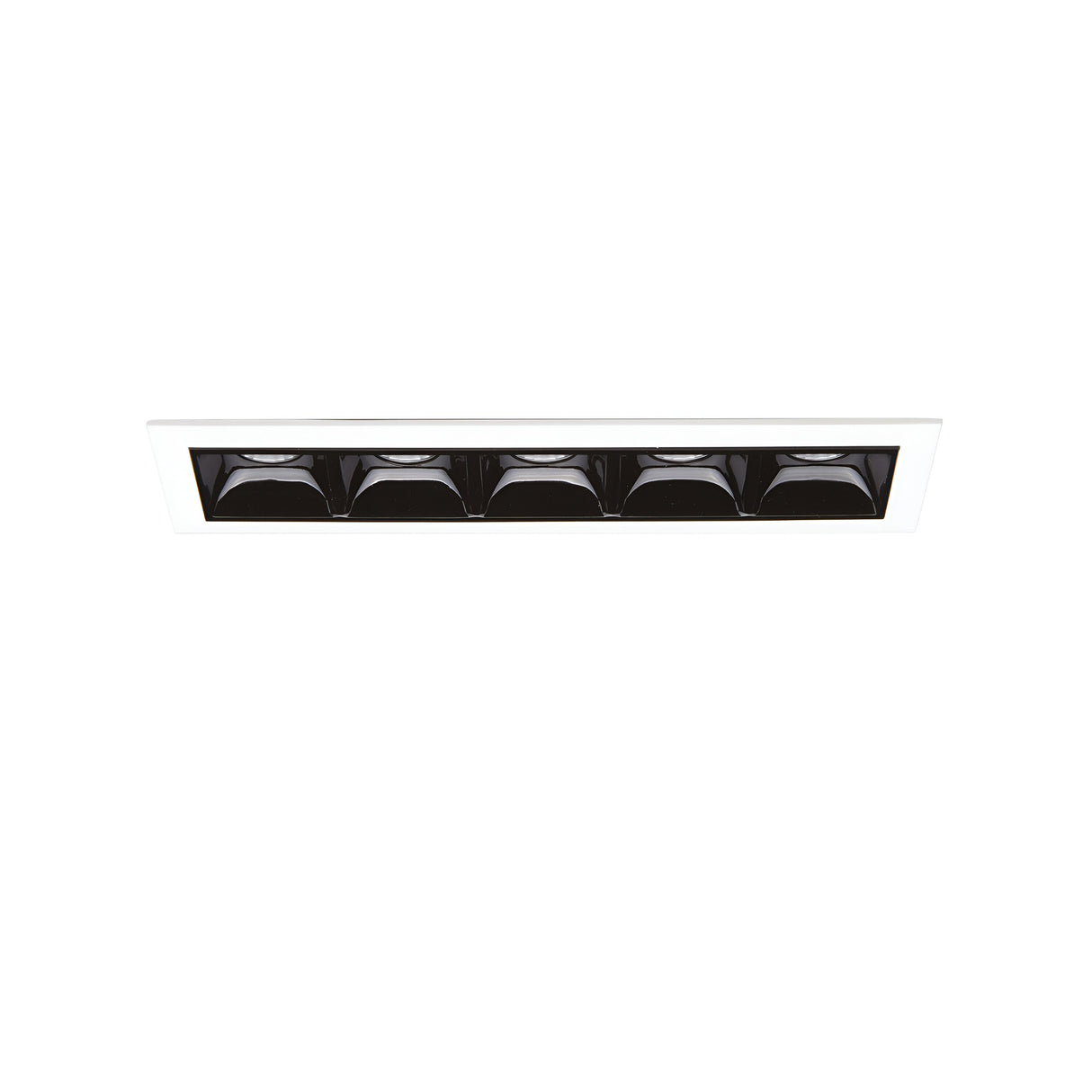 The Phosix Trim LED Recessed Downlight - 12W, 4000K in white boasts a modern design with a rectangular layout comprising six black square panels encased in a sleek white frame. It offers energy efficiency and serves as an ideal addition to any contemporary interior, all set against a plain white background.