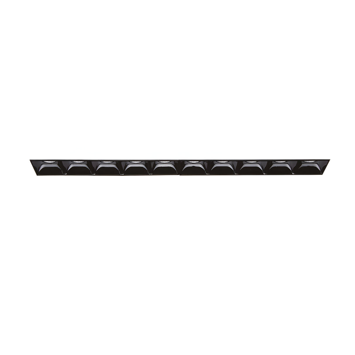 A sophisticated black Phosix Trimless LED Recessed Downlight, featuring a series of square LED panels seamlessly integrated along its length, all elegantly positioned against a white background.