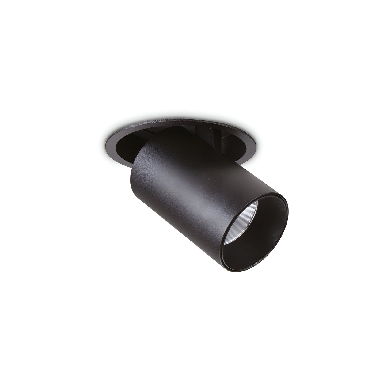 The Solis LED Single Recessed Spotlight 12W 4000K in black offers a sleek, matte finish that seamlessly integrates into the white ceiling, providing accent lighting with its cylindrical design for precise directional illumination.