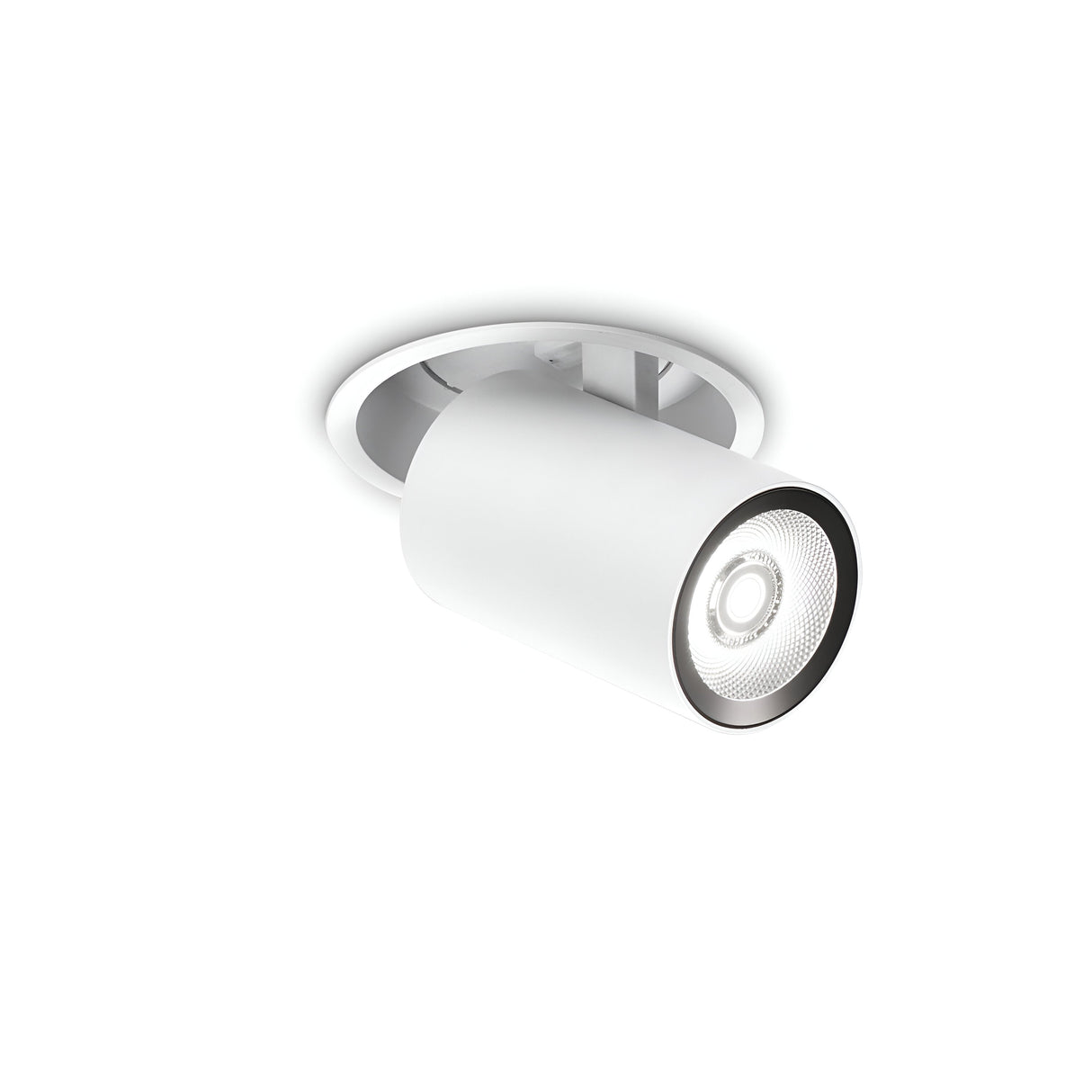 The Solis LED Single Recessed Spotlight 12W 4000K in white, with its cylindrical design and matte finish, is mounted in a circular fixture. This minimalist LED spotlight is turned on, providing a 4000K light temperature and casting its light downwards against a plain white background.