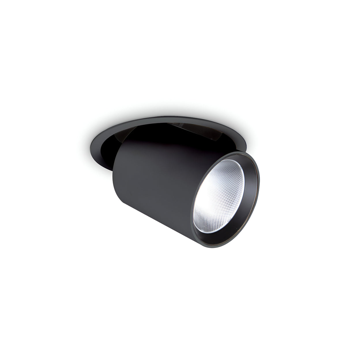 The Solis LED Single Recessed Spotlight 30W 4000K in black, boasting a sleek cylindrical design with a reflective interior and diffused lens, provides energy-efficient lighting ideal for any space.