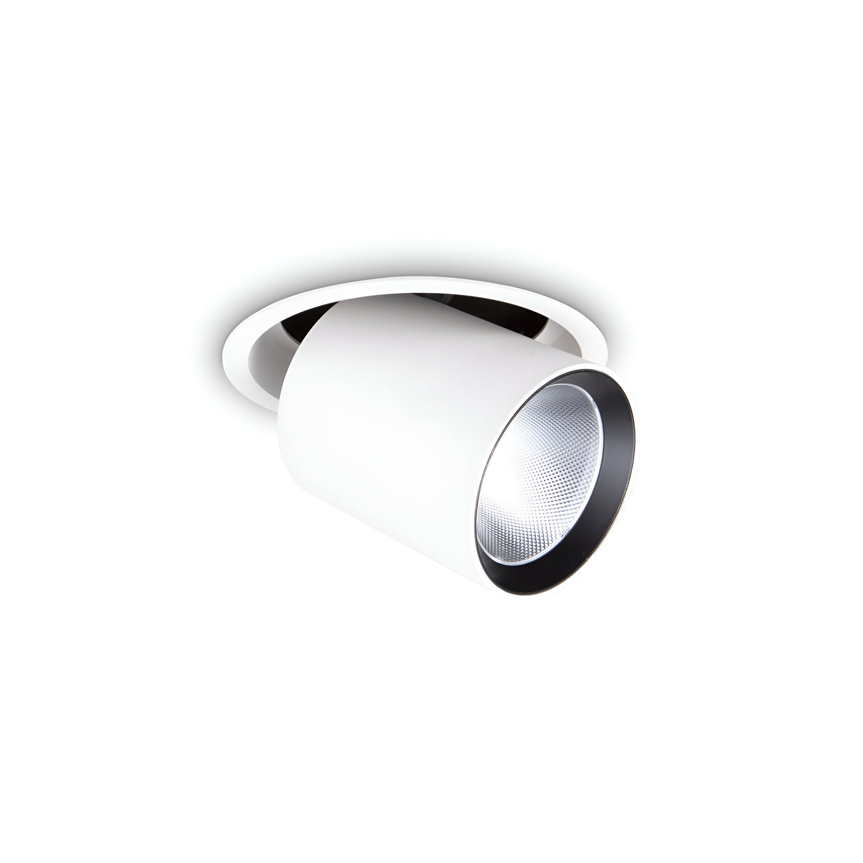 The Solis LED Single Recessed Spotlight 30W 4000K in white is a modern fixture with a cylindrical shape and an adjustable LED spotlight function. Its reflective interior efficiently directs the 4000K lighting downward, while the fixture is presented against a plain white background.