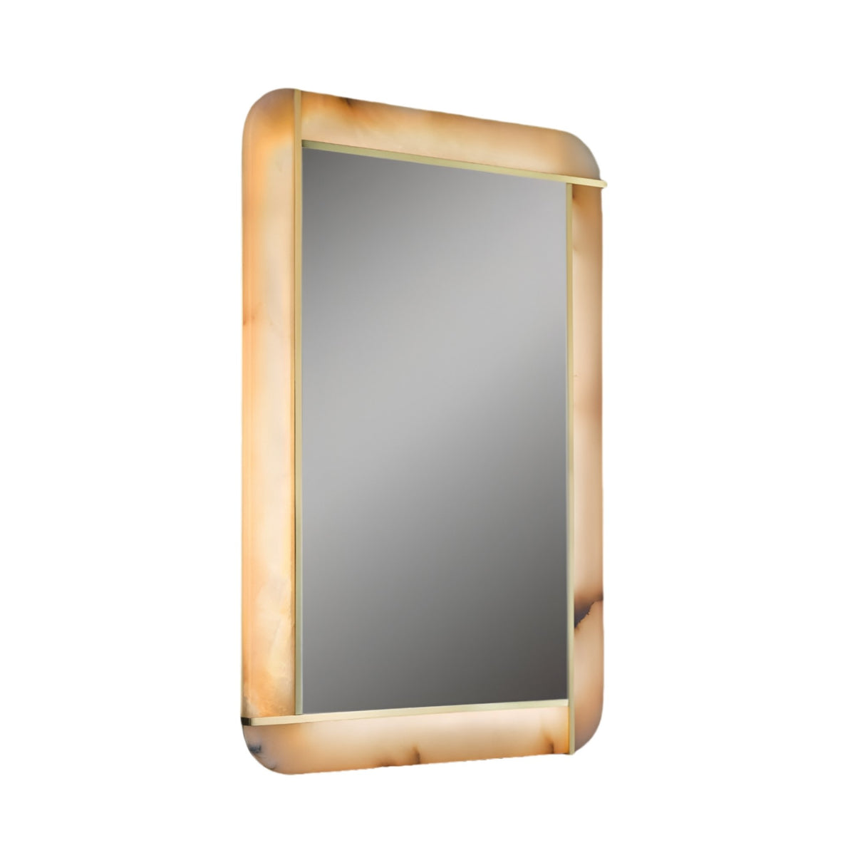 The Solviera LED Alabaster Mirror Light – Soft White features a rectangular shape with rounded corners, an amber-hued marbled border, and built-in illumination for a modern, elegant appearance in your bathroom.