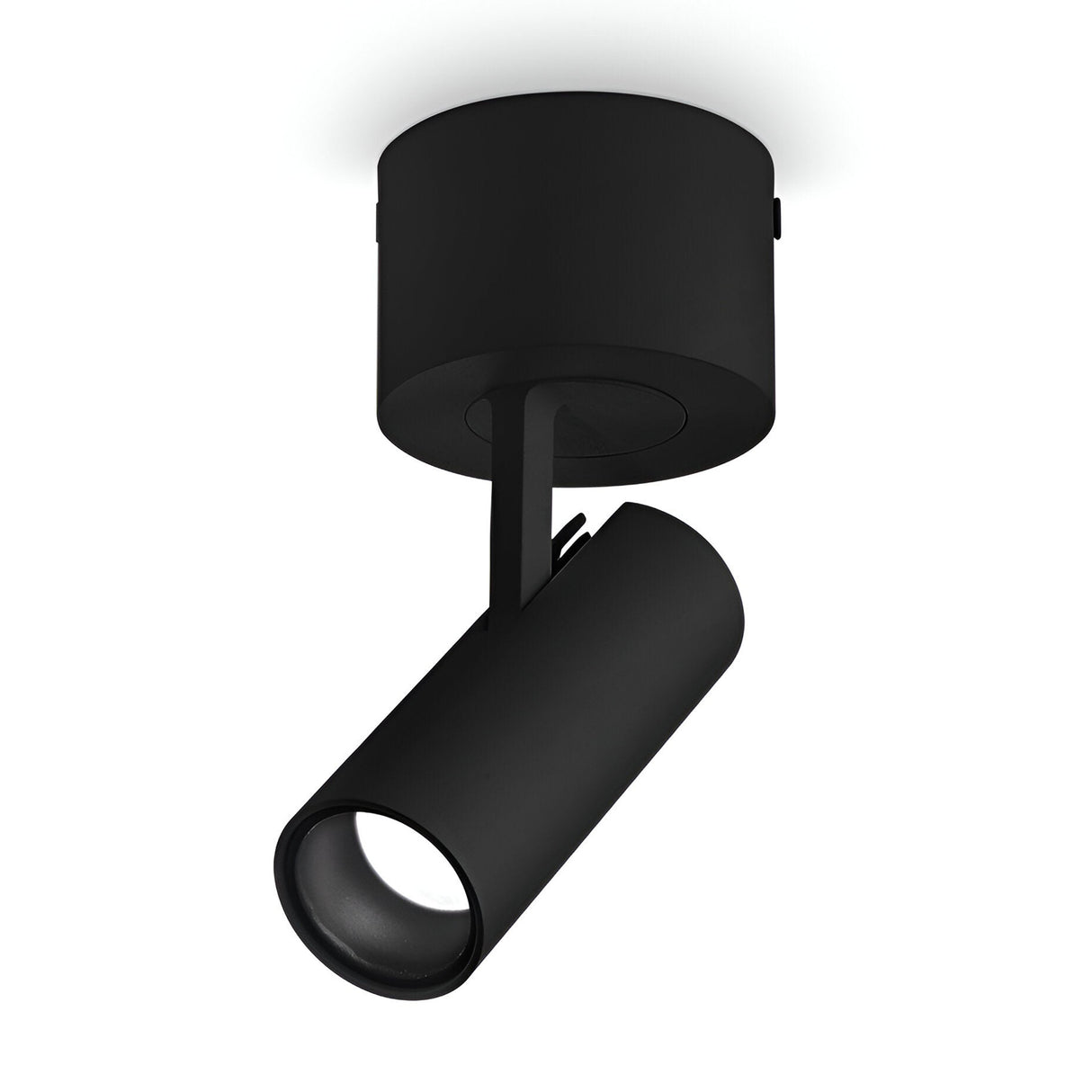 The Opal LED Single Spotlight 7W 3000K in black showcases a sleek, cylindrical design ideal for ceiling mounting. It is connected to a round base and pivots to provide directional lighting, enhancing any contemporary interior decor.