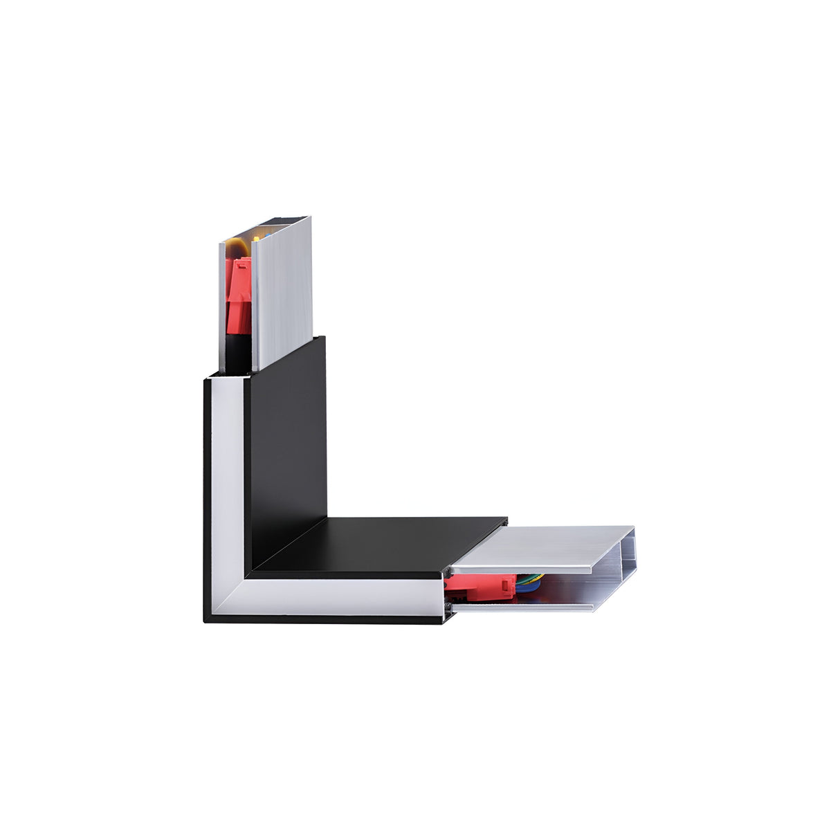 A cross-sectional view of the Flux Corner LED Track Connector 4000K - Black reveals a sleek, L-shaped design featuring metallic and plastic elements with visible wiring and red and black components. This connector is an integral piece of dimmable LED systems, shown against a white background to enhance its optimal 4000K color temperature illumination.