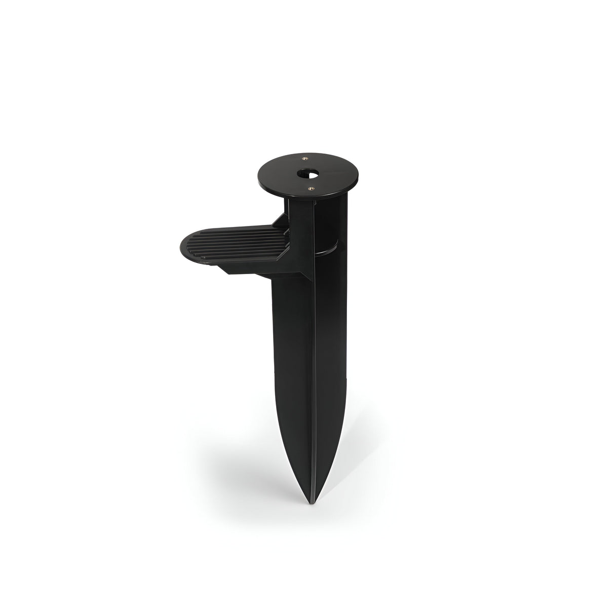 Introducing the Lucellalis Large Spike For Outdoor Spotlight in black—a sturdy metal ground stake crafted specifically for garden use. It features a flat platform and a circular attachment point, making it perfect for exterior lighting. Designed with durability in mind, this spike boasts a pointed end to ensure easy insertion into the soil.