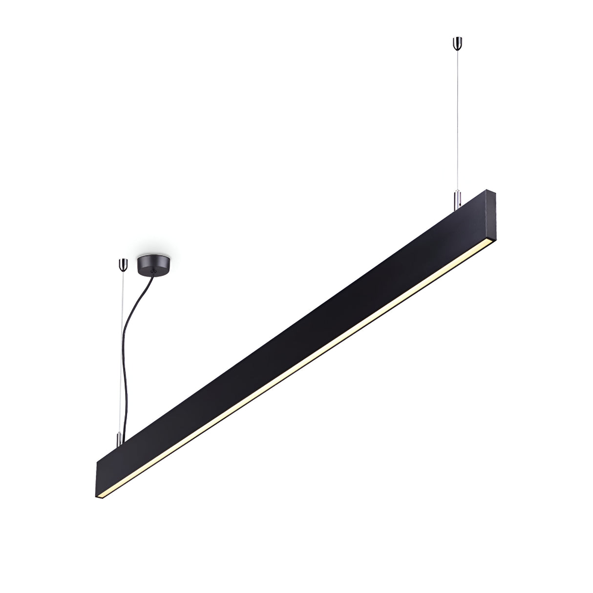 Presenting the Flux LED Linear Suspension 32W 4000K in Black, this stylish lighting fixture features a slim, elongated design. It is mounted to the ceiling with two wires and a round base, offering dimmable functionality that beautifully exemplifies modern elegance in lighting.