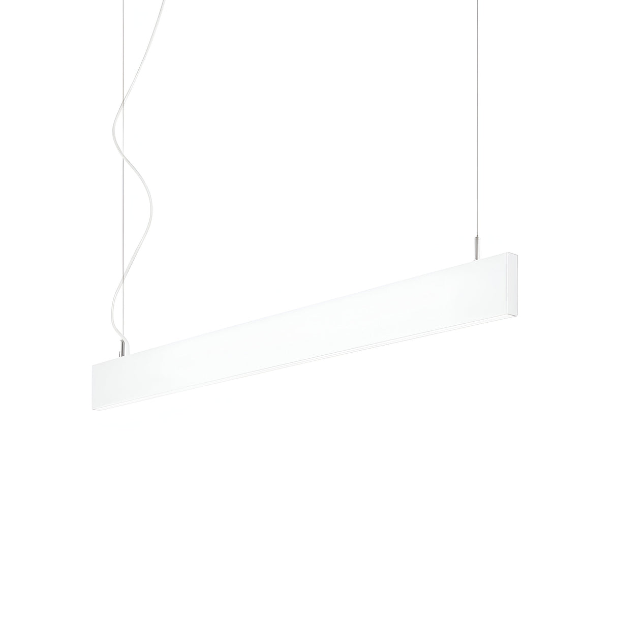The Flux LED Linear Suspension 32W 4000K in White is a minimalist, horizontal pendant light fixture with a sleek, rectangular design. It is suspended from the ceiling by two thin wires, offering a modern aesthetic that softly glows in white against a plain backdrop. This fixture features dimmable LEDs for versatile ambiance.