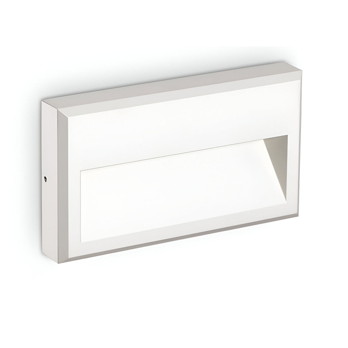 Presenting the Arcana-1 LED Outdoor Wall Light 6W 3000K - White: a modern rectangular fixture featuring a beveled cut-out design. This energy-efficient outdoor lighting solution boasts clean lines and a minimalist aesthetic, making it an ideal choice for contemporary outdoor spaces.