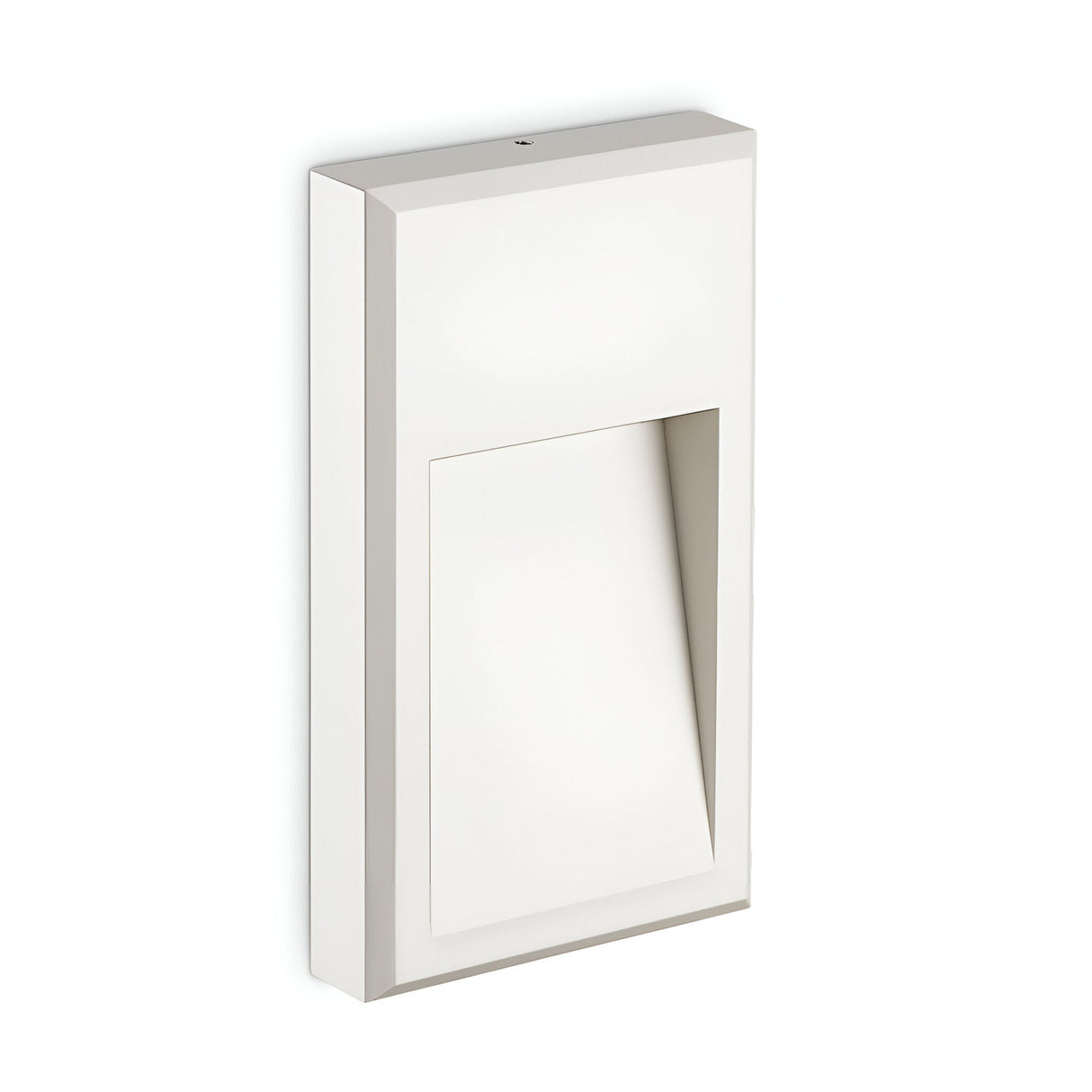 The Arcana-2 LED Outdoor Wall Light 6W 3000K in White offers a sleek, minimalist design with a rectangular shape and angular opening for energy-efficient illumination. It is crafted from durable aluminum, highlighting sharp lines and geometric forms.