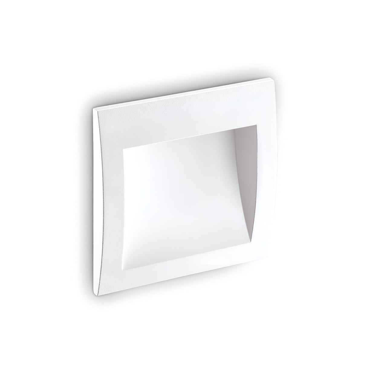 The Solyx Outdoor Recessed LED Wall Light 4W 3000K - White, with its square shape and IP65 rating, boasts a curved front design on a white background. Featuring a tempered glass diffuser, this 14cm fixture is ideal for stylishly and durably lighting up exterior spaces.
