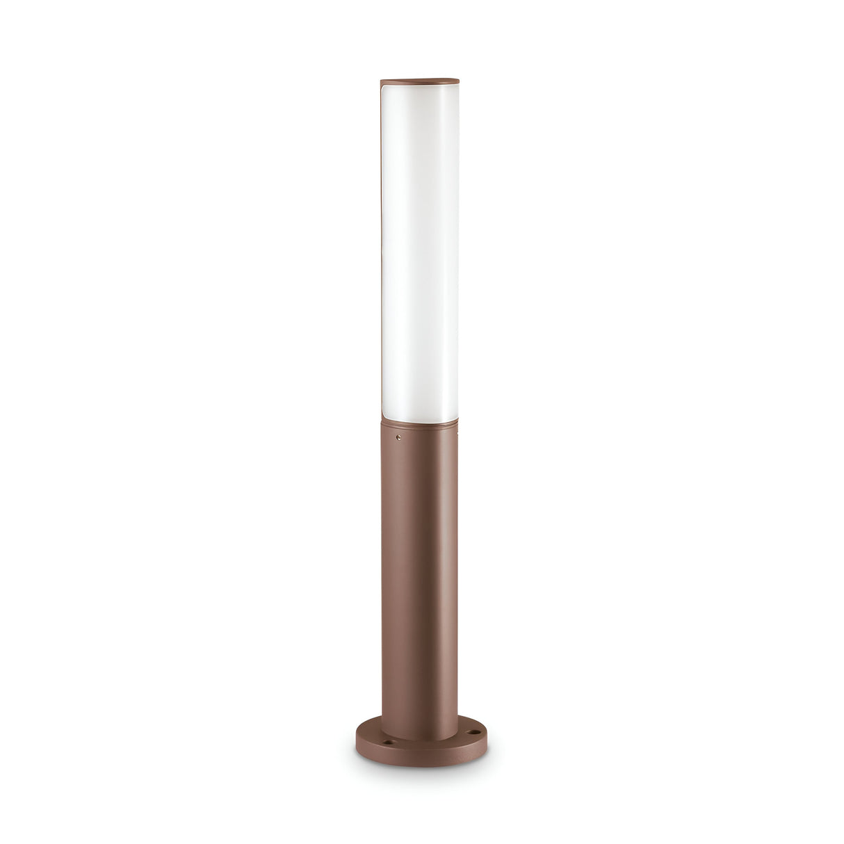 The Glintis Outdoor LED Bollard Light features a contemporary cylindrical design with a brown base and a frosted white glass top, positioned on a circular foundation. Its stylish appearance makes it ideal for garden illumination and ensures energy efficiency with its 3000K, 9.5W LED lighting.