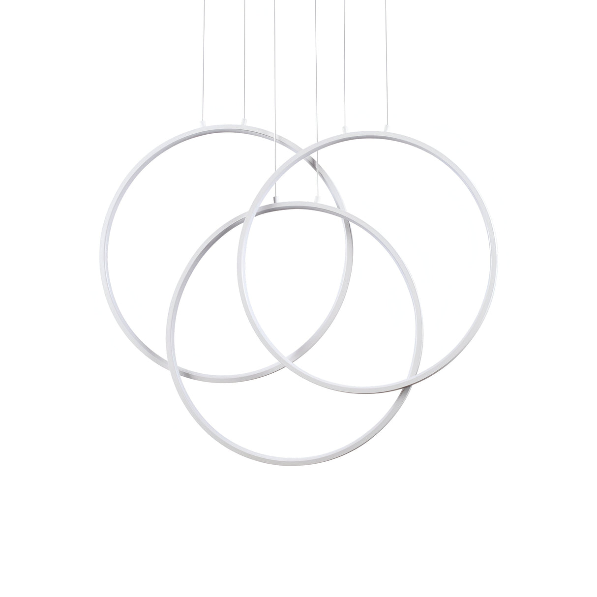 The Prios Round LED Light Suspension 82W 3000K in white boasts a modern, minimalist design with three overlapping circular rings. Its elegant LED light suspension hangs from adjustable cables against a pristine white backdrop.