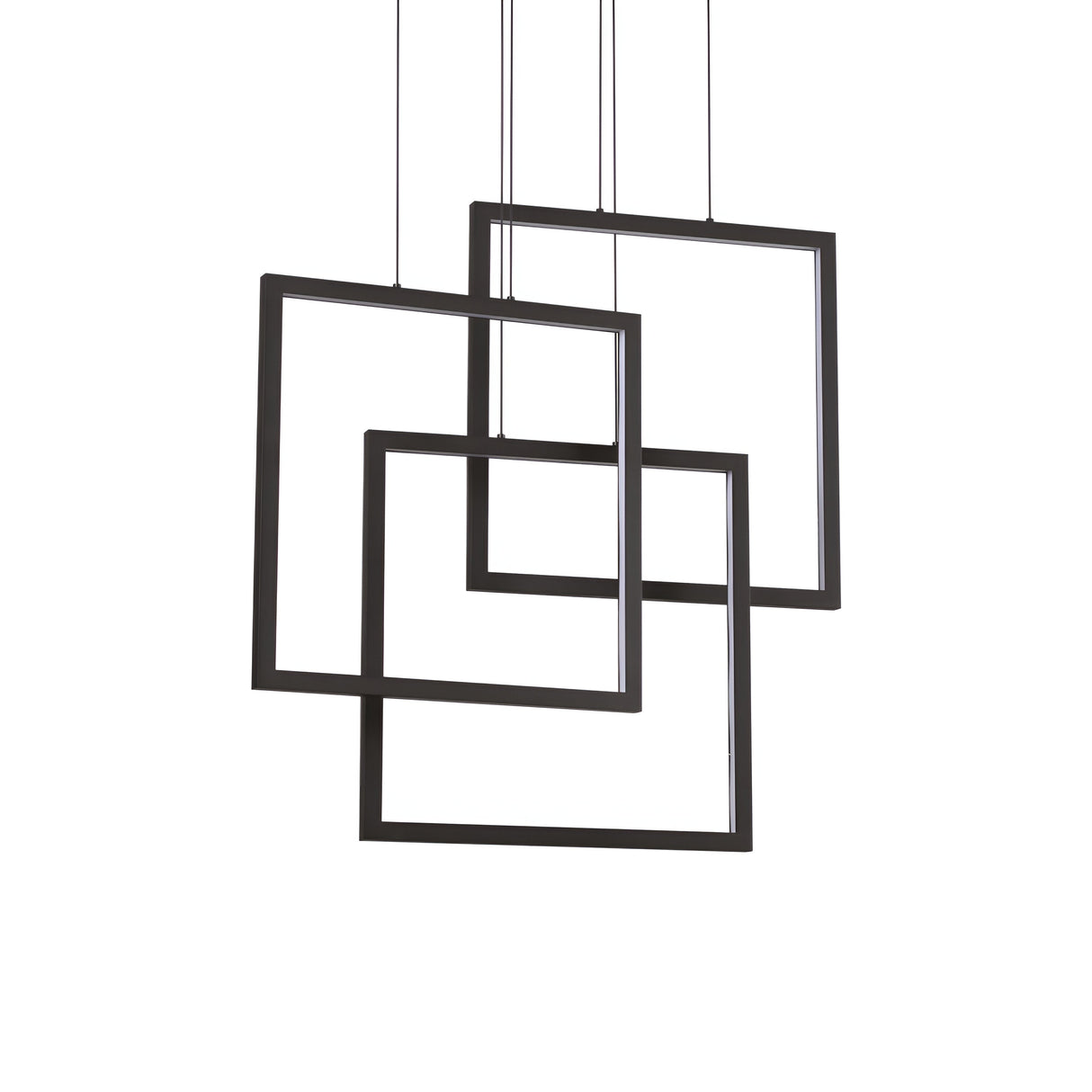 Three Prios Square LED Light Suspensions in black hang from the ceiling, overlapping artistically against a plain white background. Perfect for modern interiors, these fixtures are interconnected and suspended by thin wires.