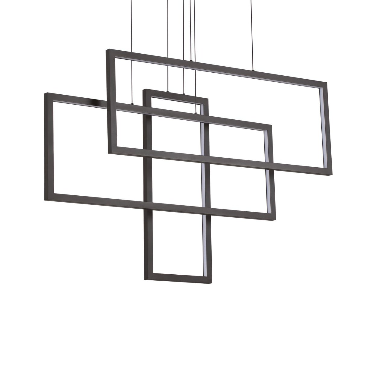 The Prios Rectangle LED Light Suspension 93W 3000K in black features a geometric design with three intersecting rectangular metal frames, suspended from the ceiling by adjustable cables. This modern piece boasts a minimalist aesthetic, with each frame overlapping at perpendicular angles in a sleek light suspension.