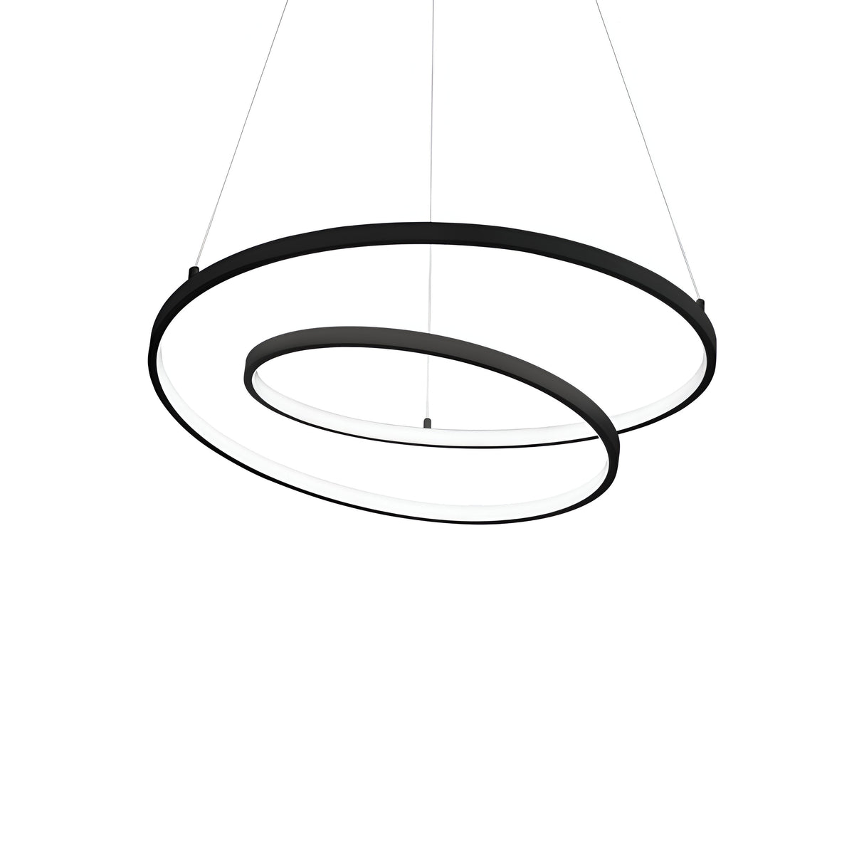 The Glistis LED Suspension Light 3000K, 48W - Black, 60cm is a modern, minimalist chandelier characterized by two intertwined black circular rings suspended by thin wires. This stylish light exudes sleek modern elegance with each ring emitting a soft, diffused glow from energy-efficient LEDs against a plain white background that highlights its form.