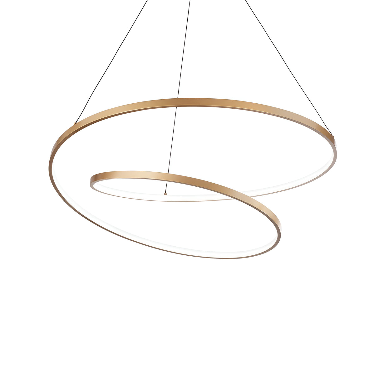 The Glistis LED Suspension Light 3000K, 55W - Brass, 80cm features a modern spiral design with brass finish rings and energy-efficient LED technology. Suspended by thin wires against a white background, this sleek lighting fixture elegantly enhances contemporary interiors.