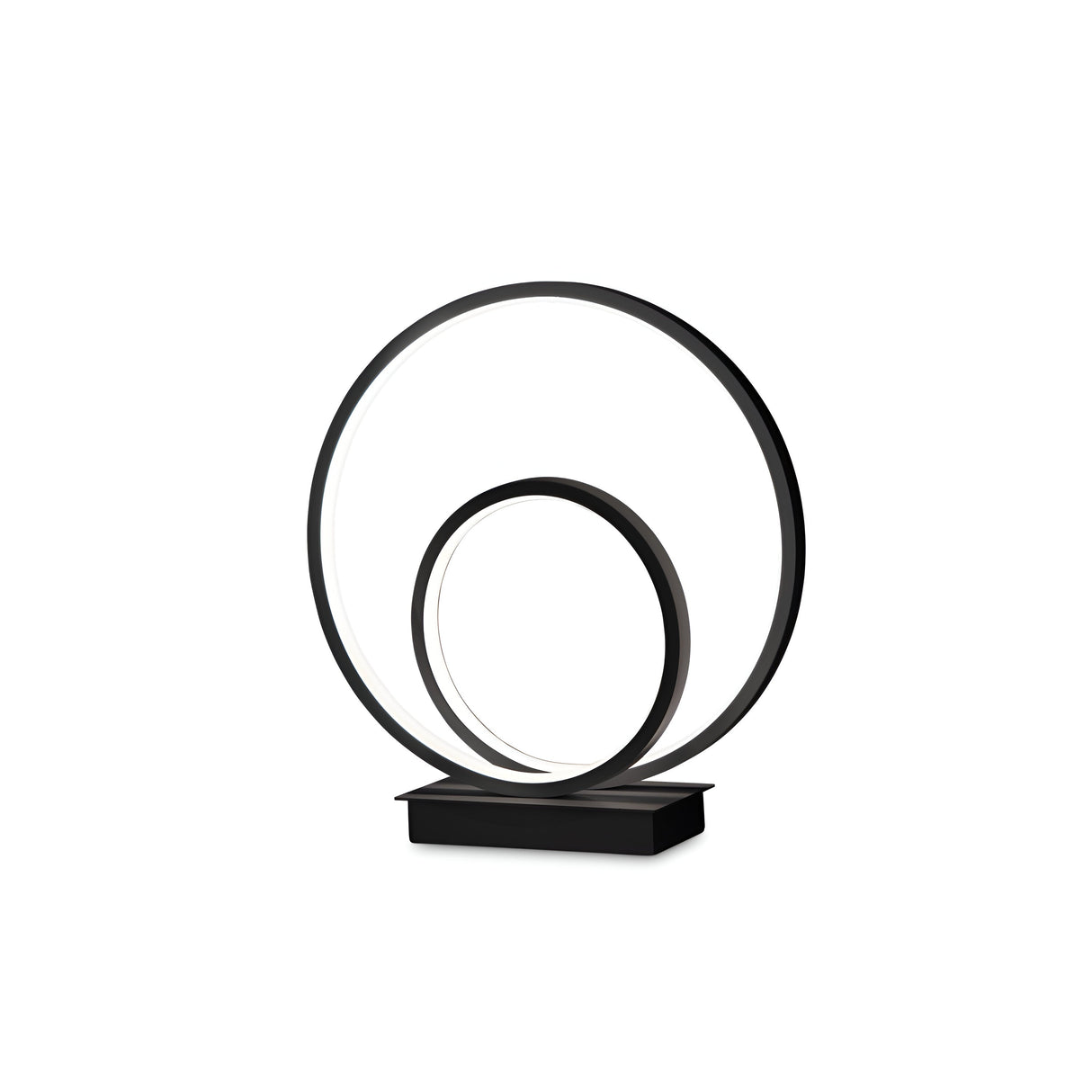 The Glistis LED Table Lamp 3000K, 23W - Black is an elegant lighting piece for modern homes, showcasing two interlocking circular light rings atop a sleek black finish base. Its minimalist design with geometric shapes makes it stand out beautifully against a simple white backdrop.