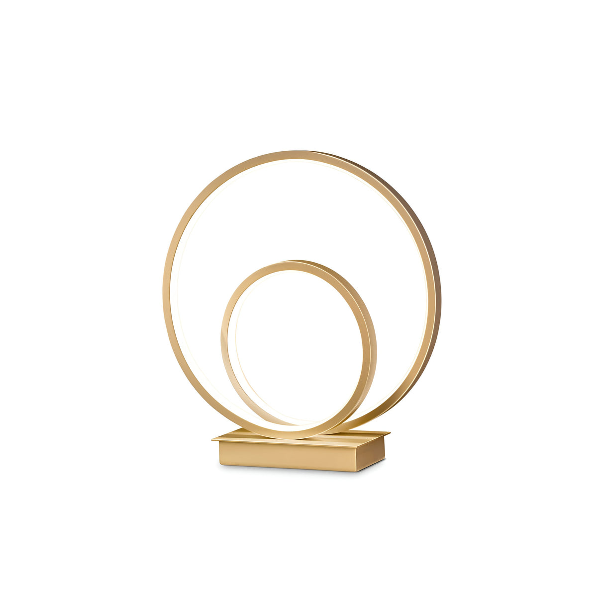 Illuminate your space with the Glistis LED Table Lamp 3000K, 23W in Brass, a masterpiece of luxury lighting. This modern lamp showcases two concentric rings elegantly poised on a rectangular base, presenting a sleek and sophisticated minimalistic design.