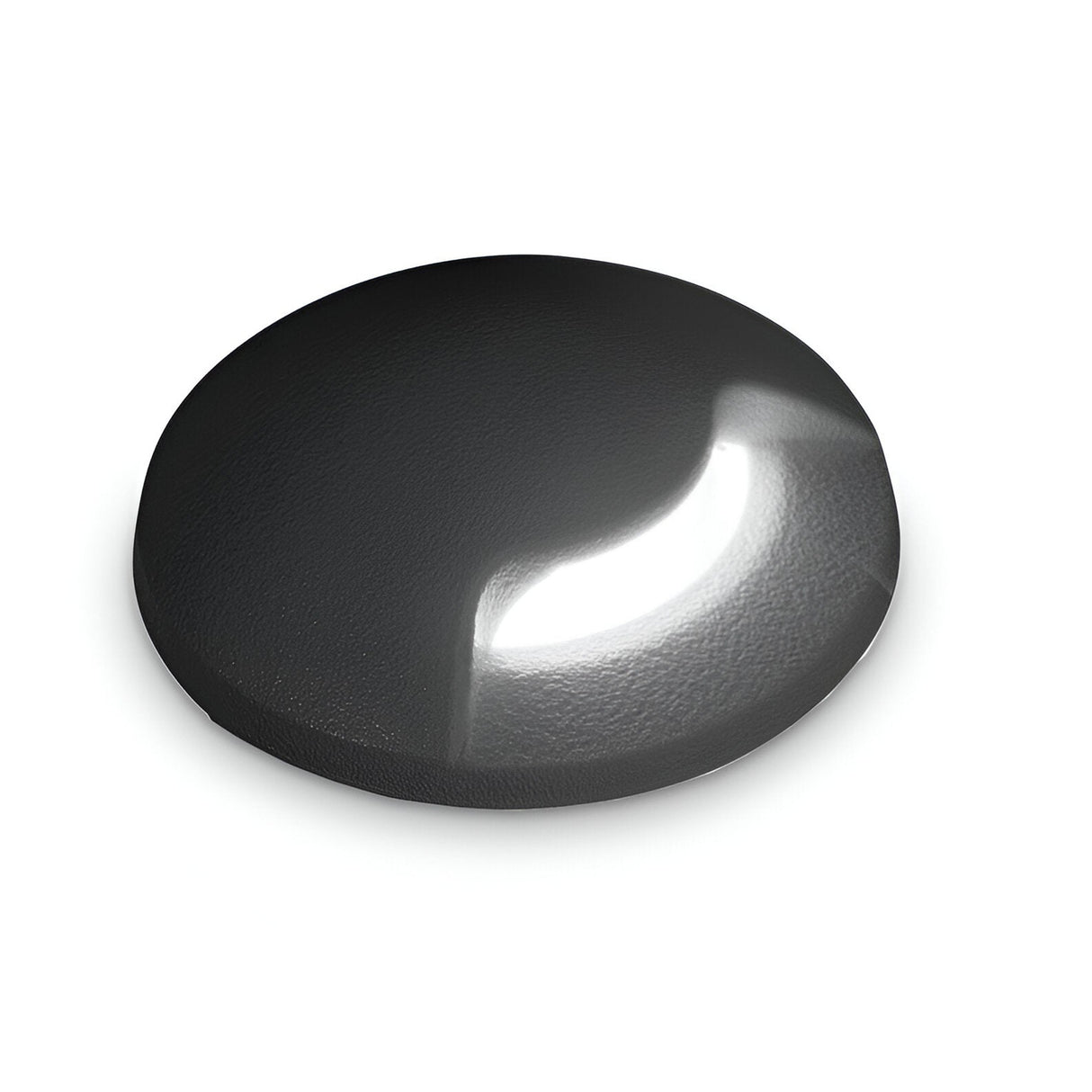 A black, circular, and slightly concave object with a glossy surface reflecting light, set against a white background, resembles the Solarium Outdoor Drive Over Recessed Light One-Sided 3000K in Black. It includes an IP67 rating for protection against dust and water.