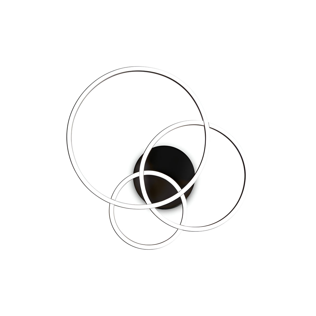 This minimalist design artwork features modern elegance with intertwined thin white circles of varying sizes on a plain white background. At the center, where the rings intersect, is a black circular shape reminiscent of the Prios LED Ceiling Light 41W 3000K.