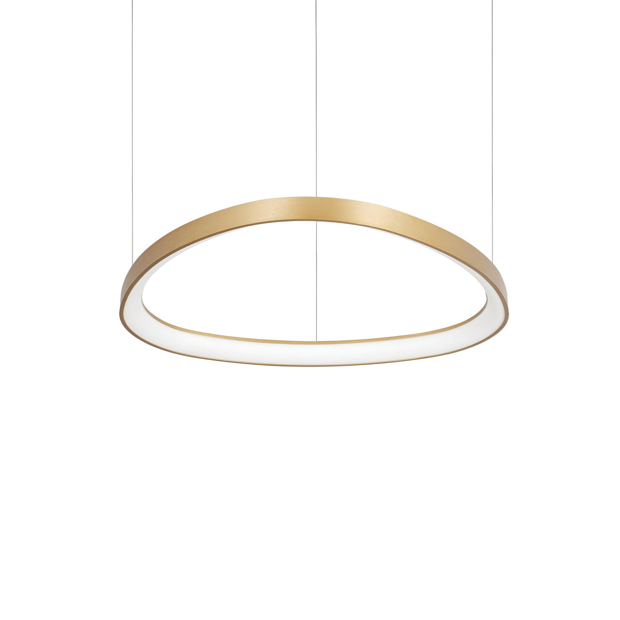 Introducing the Zephra LED Light Suspension 48W 3000K - Brass, a modern lighting piece with a circular pendant design and a sleek brass frame, elegantly suspended by thin wires. Its interior surface emits a soft white glow, perfect for creating a minimalist ambiance in any space.