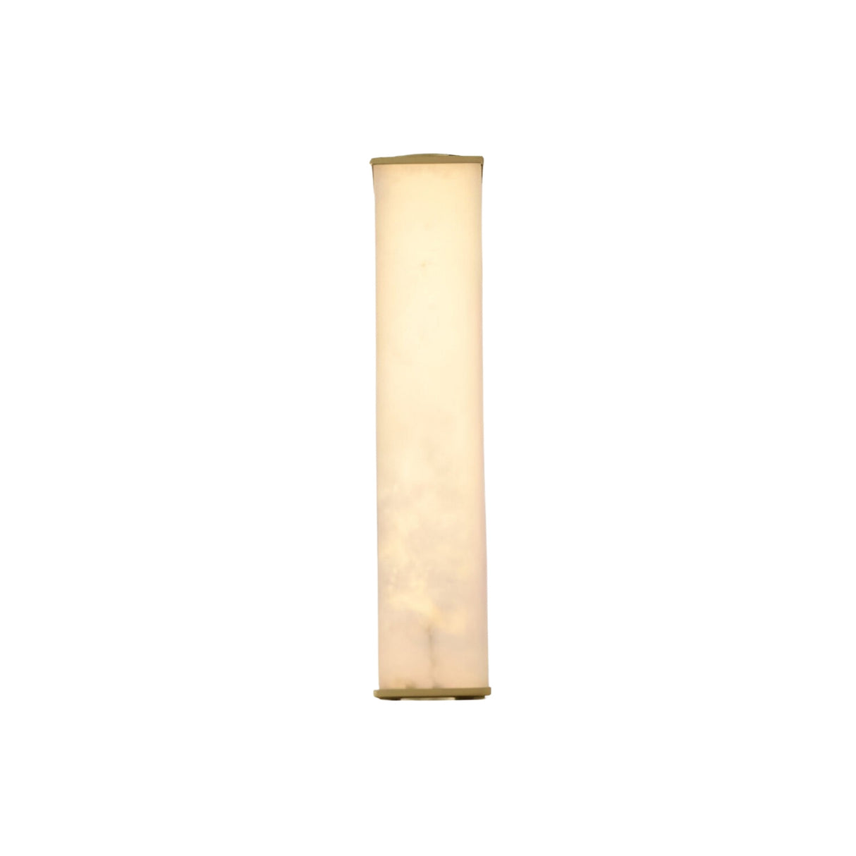 The Valmere LED Small Linear Alabaster Wall Light in Soft White features a tall, cylindrical design and emits a gentle glow, shown against a plain white background.