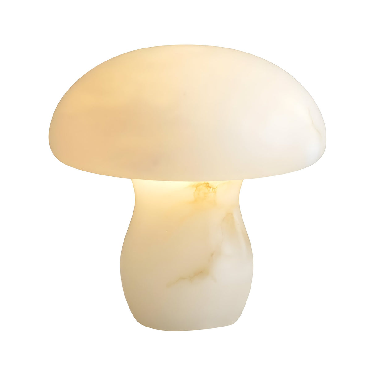 The Morfia 1 Light Large Mushroom Alabaster Table Lamp in Natural Brass features smooth, translucent alabaster and emits a soft, warm glow, shown against a plain white background.