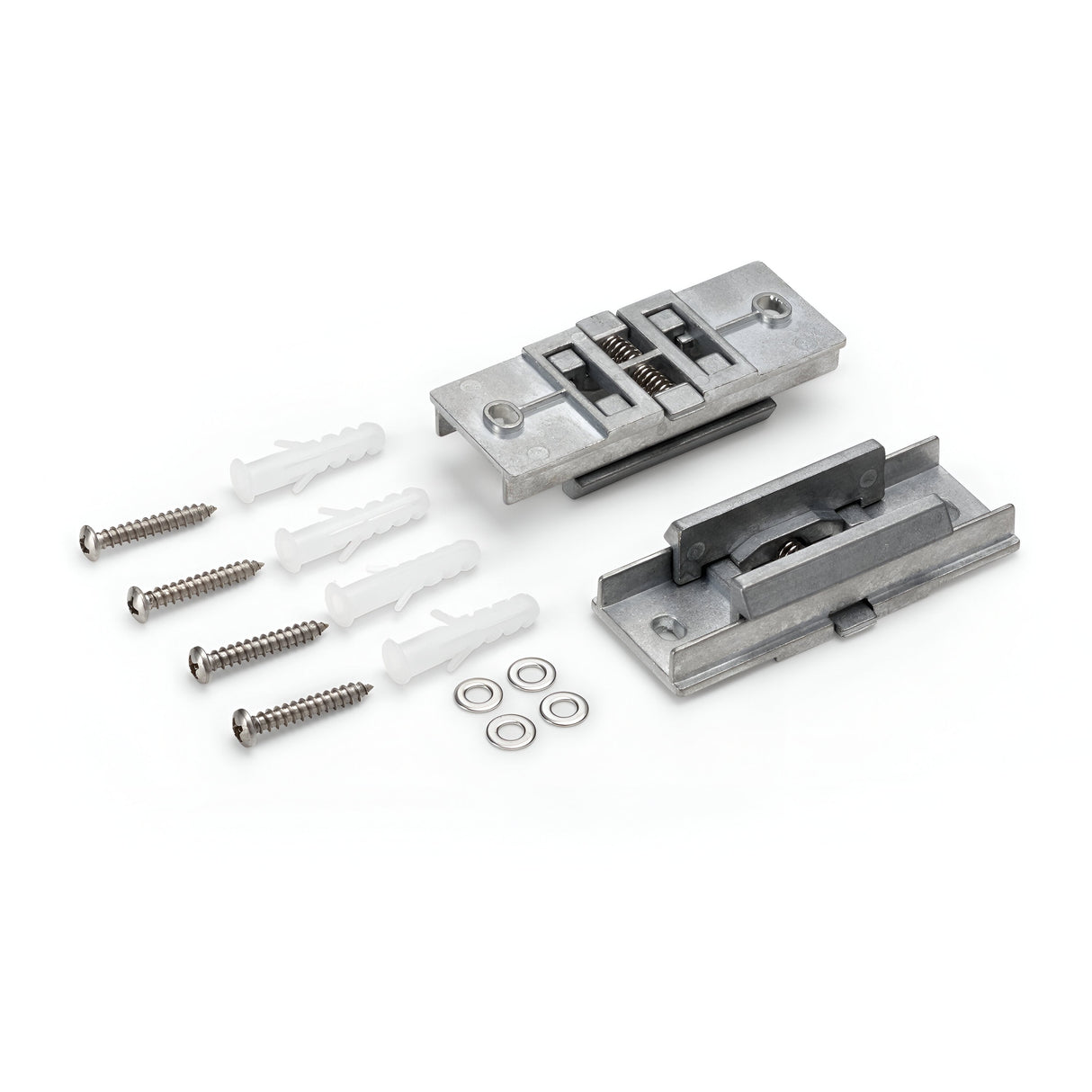 The Ignitia LED Suspension Fixing Accessories is a metal wall-mounting kit that includes two brackets with a spring mechanism, allowing for customizable projection. It comes equipped with four screws, four wall plugs, and four small washers, all organized neatly on a white surface. Warranty details are provided for added assurance.