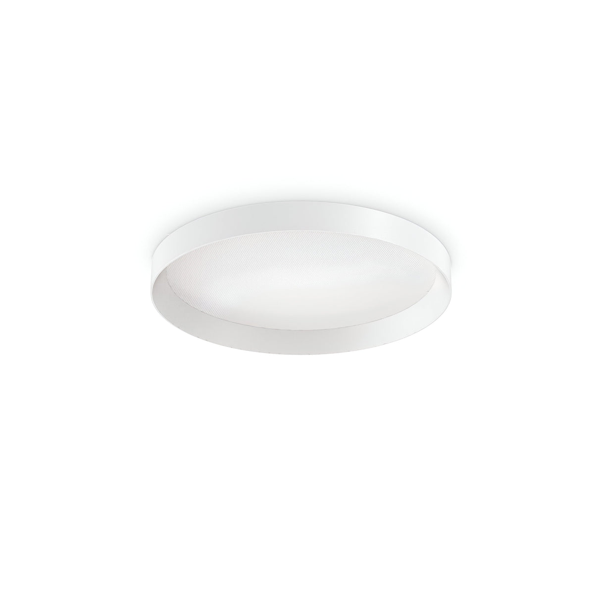 The Spark LED Flush Light 18W 4000K in White, measuring 35cm, showcases a sleek and contemporary circular design with integrated LED technology. Mounted against a simple white backdrop, it offers enhanced durability with an IP40 rating.