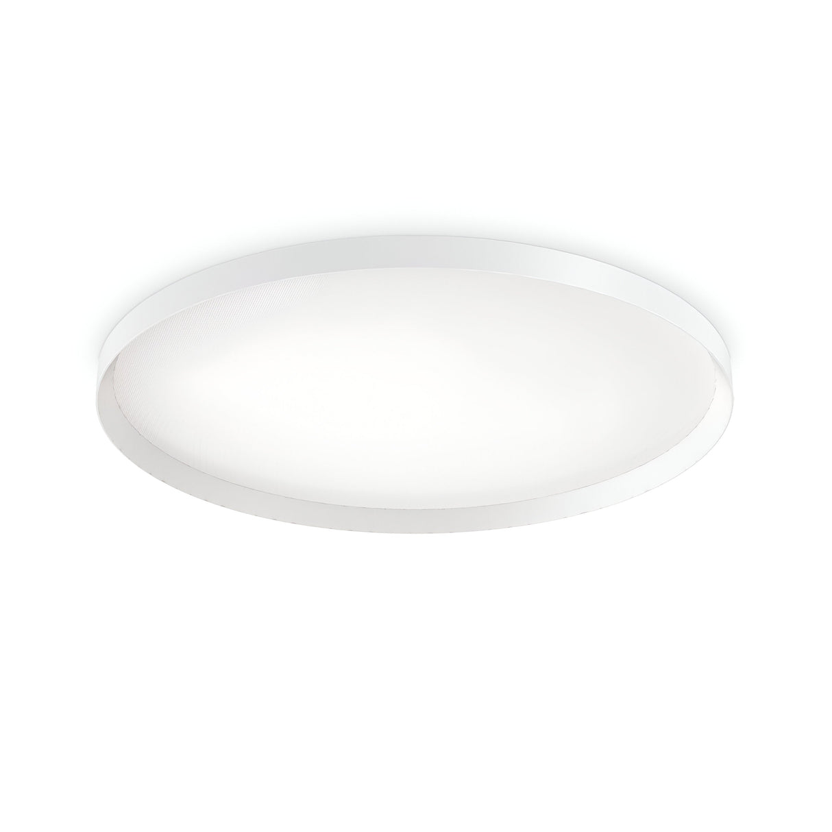 The Spark LED Flush Light 65W 4000K - White, measuring 90cm in diameter, features a sleek, modern design that is round and flat. This fixture uses energy-efficient LED technology to emit a soft, diffused glow, making it an ideal choice for contemporary interiors.
