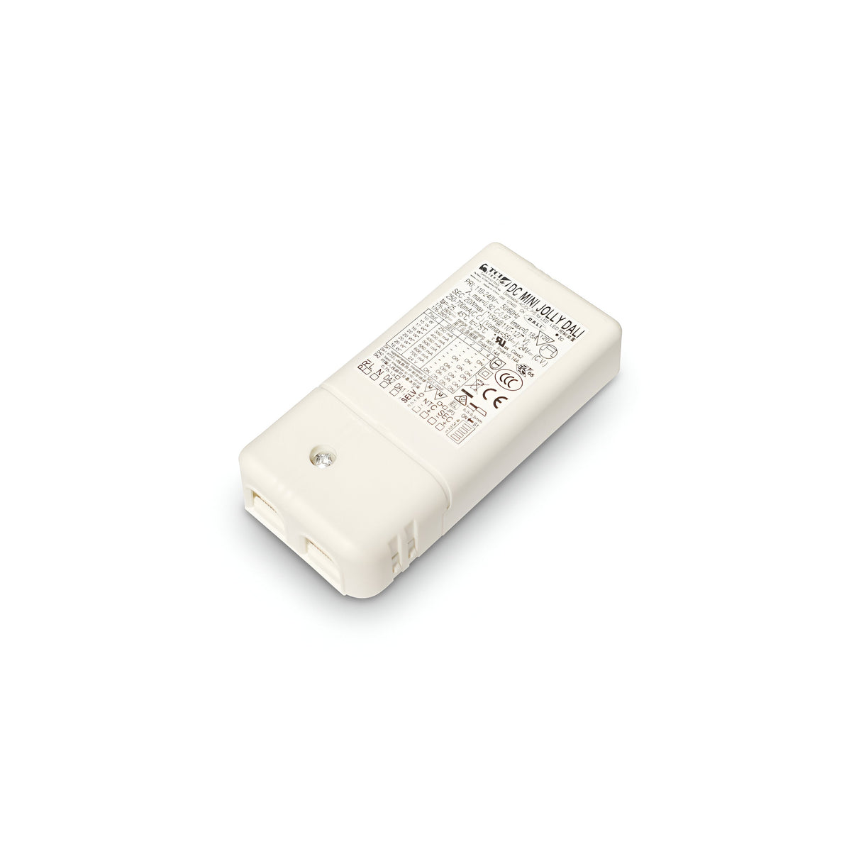 A rectangular white Spark Constant Current Dimmable LED Driver - 20W, 1-10V, 500mA showcases printed specifications and CE and recycling symbols on its surface. The device includes two connectors on one end and is displayed against a plain white background, designed for constant current delivery.