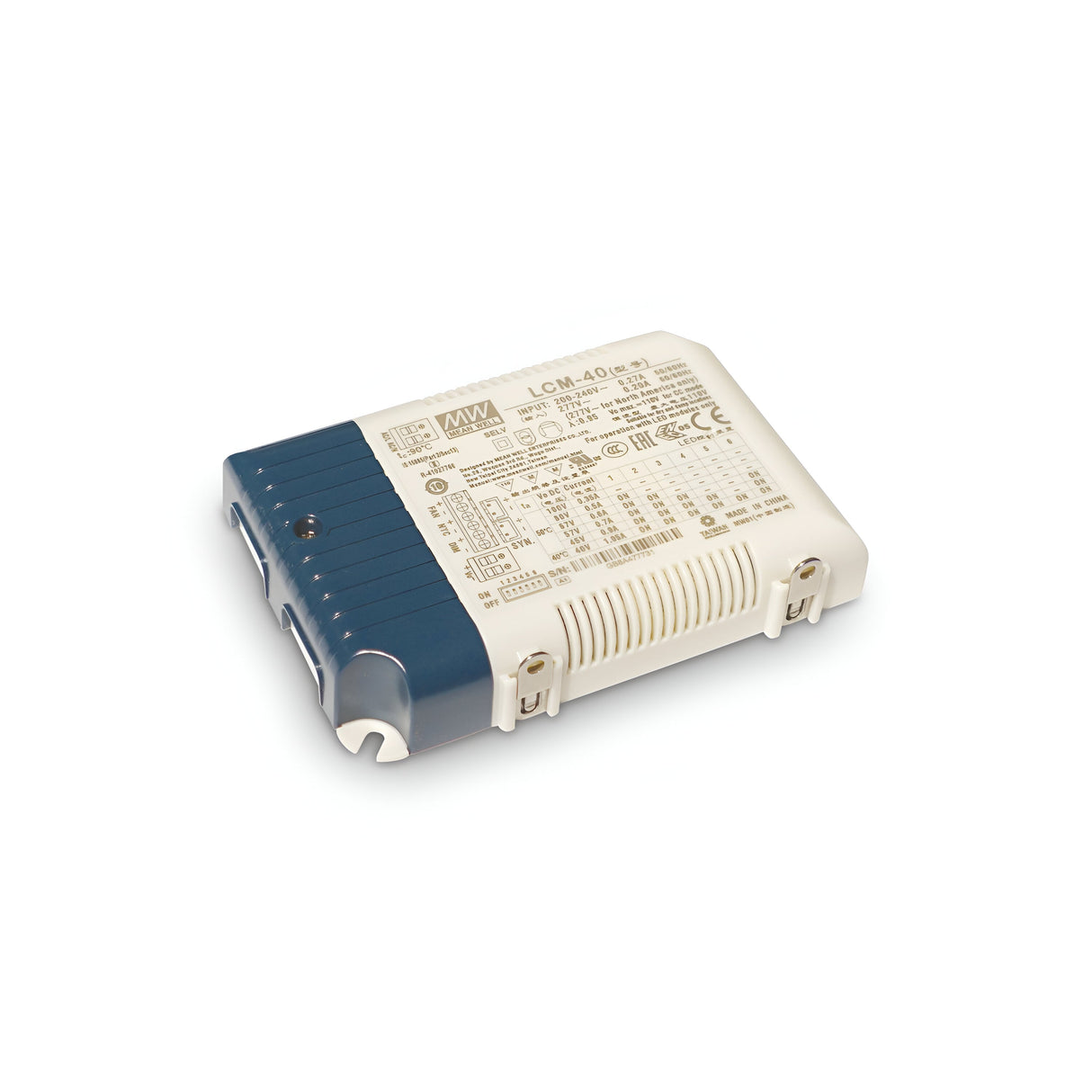 The Spark Constant Current Dimmable LED Driver - 60W, 1-10V, 1400mA features a white and gray casing with a blue adjustable knob on one side. Its surface is adorned with detailed technical specifications, logos, and compliance symbols, making it ideal for constant current applications.