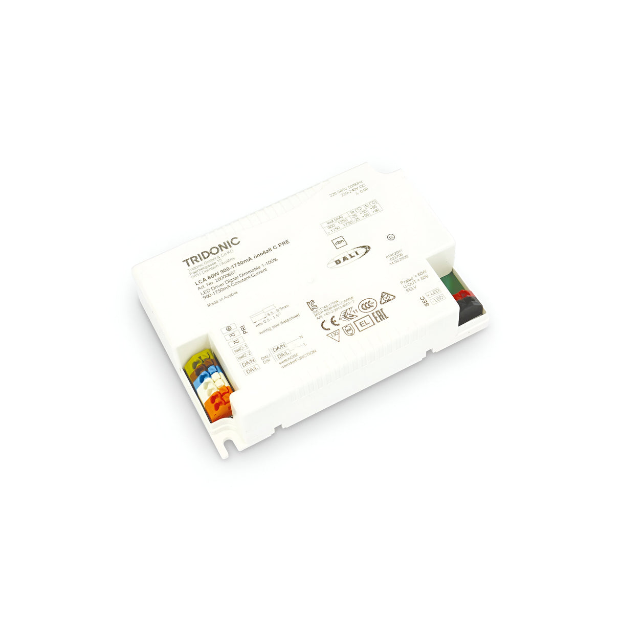 The Spark Constant Current Dimmable LED Driver, 68W, 1-10V, 1400mA model is a rectangular electronic component with a white casing displaying various logos, model numbers, and safety certifications. It features color-coded dimmable connectors at one end, enhancing its versatility as an LED driver.