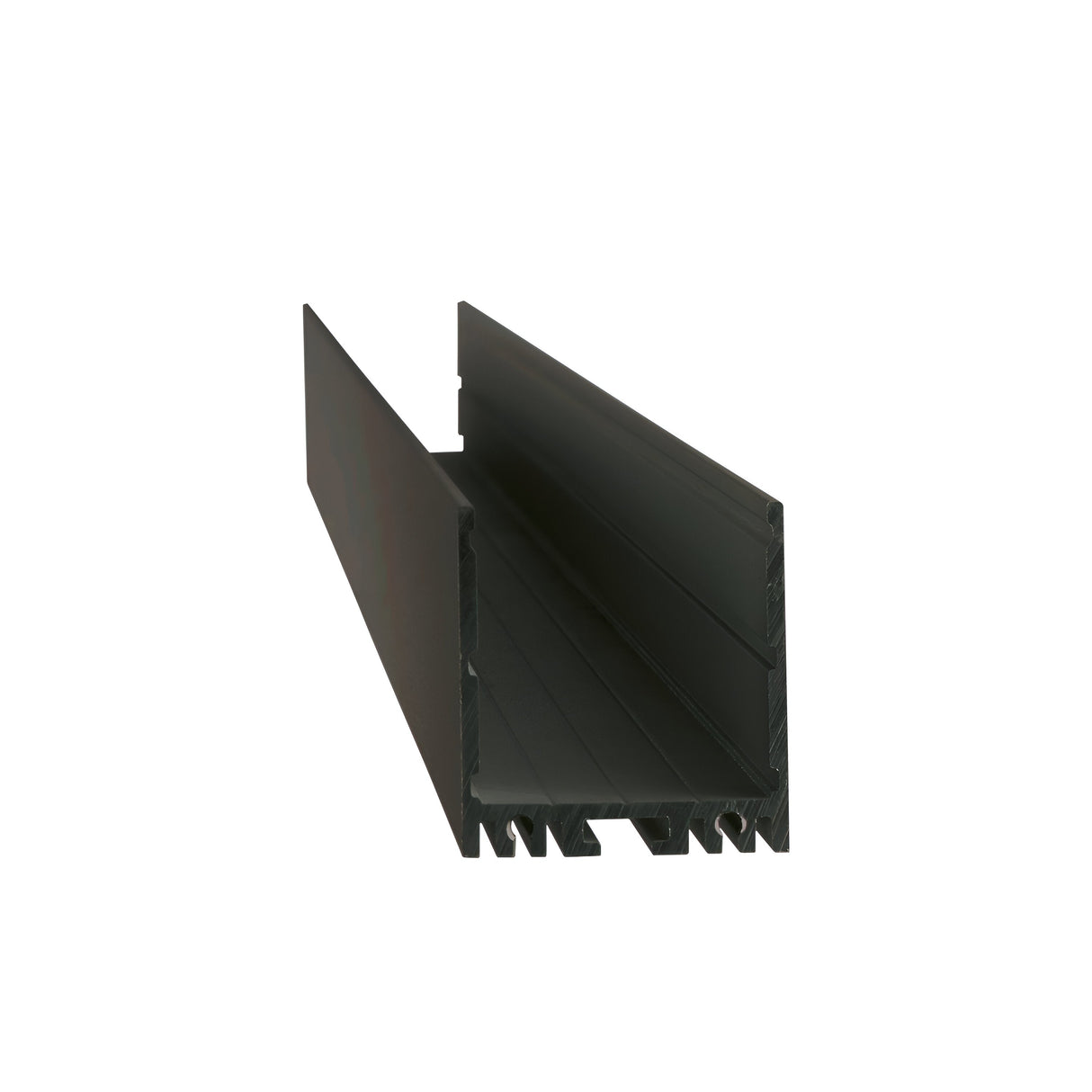 A sleek, black Lyris Trimless LED Profile Cover, measuring 2 meters in length with a minimalist design, showcases its open rectangular form. Crafted from plastic or metal, it has smooth surfaces and subtle grooves on the inside and is set against a white background.