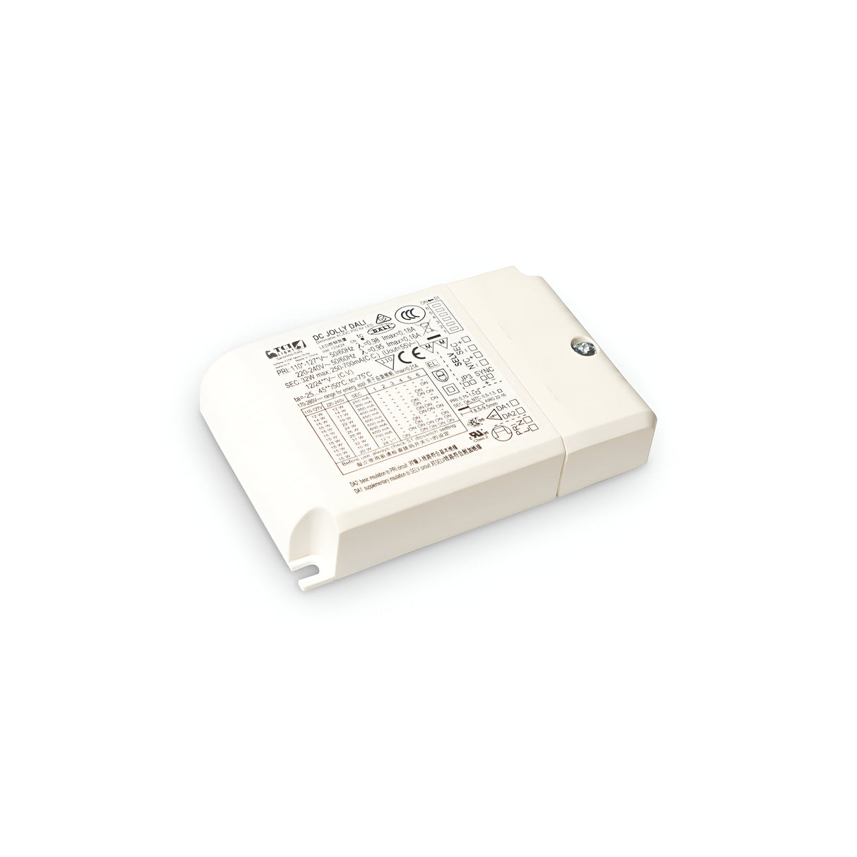 The Spark Constant Current Dimmable LED Driver - 32W, 700mA is a white rectangular unit featuring printed specifications on its surface, such as technical details, certification marks, and logos. It includes a mounting part on one side and a connector on the other.