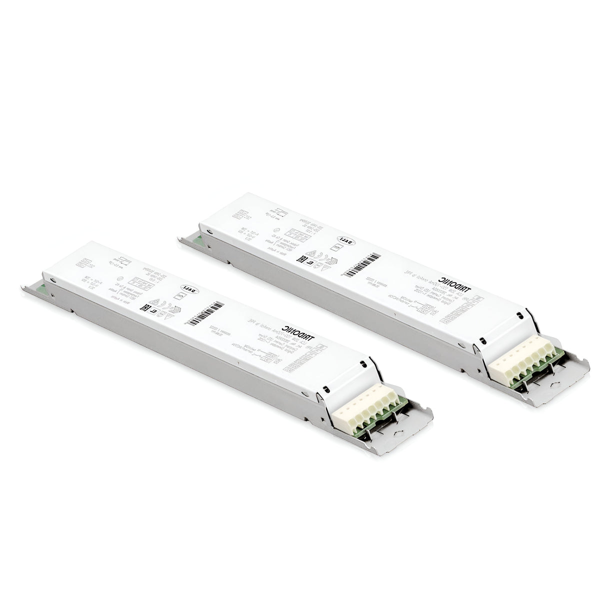 Two Sparx Constant Voltage Dimmable LED Drivers - 40W units, each with various technical specifications printed on them. Featuring a series of electrical connectors on one end for constant voltage output, these white drivers are placed on a plain white background.