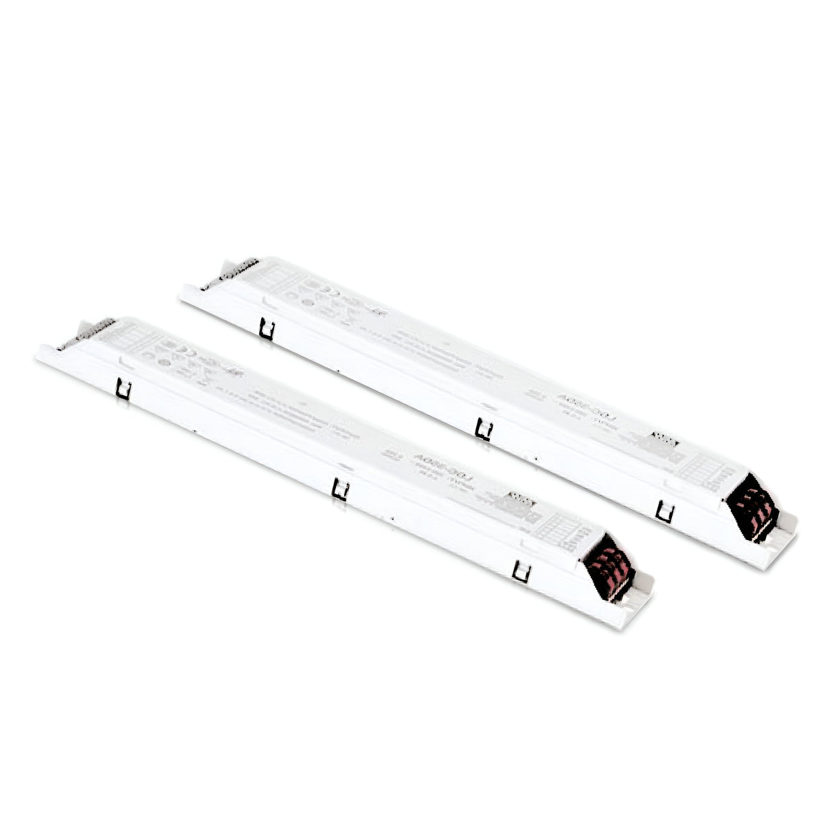 Two long, white electronic devices with wiring connections visible at one end. These appear identical in shape and size and are designed as Sparx Constant Voltage Dimmable LED Drivers for lighting fixtures.