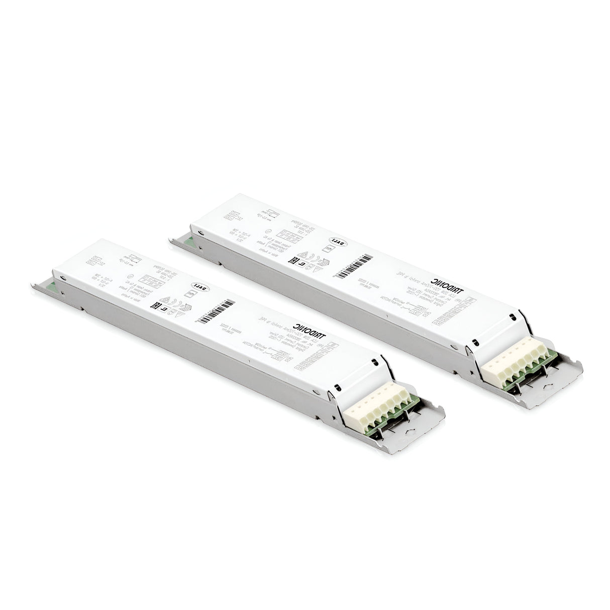 Two Sparx Constant Voltage Dimmable LED Drivers - 54W with rectangular white casings feature printed specifications and branding. Equipped with multiple terminal connectors on one end for wiring connections, they are ideally suited for constant voltage applications, and are displayed side by side against a plain white background.