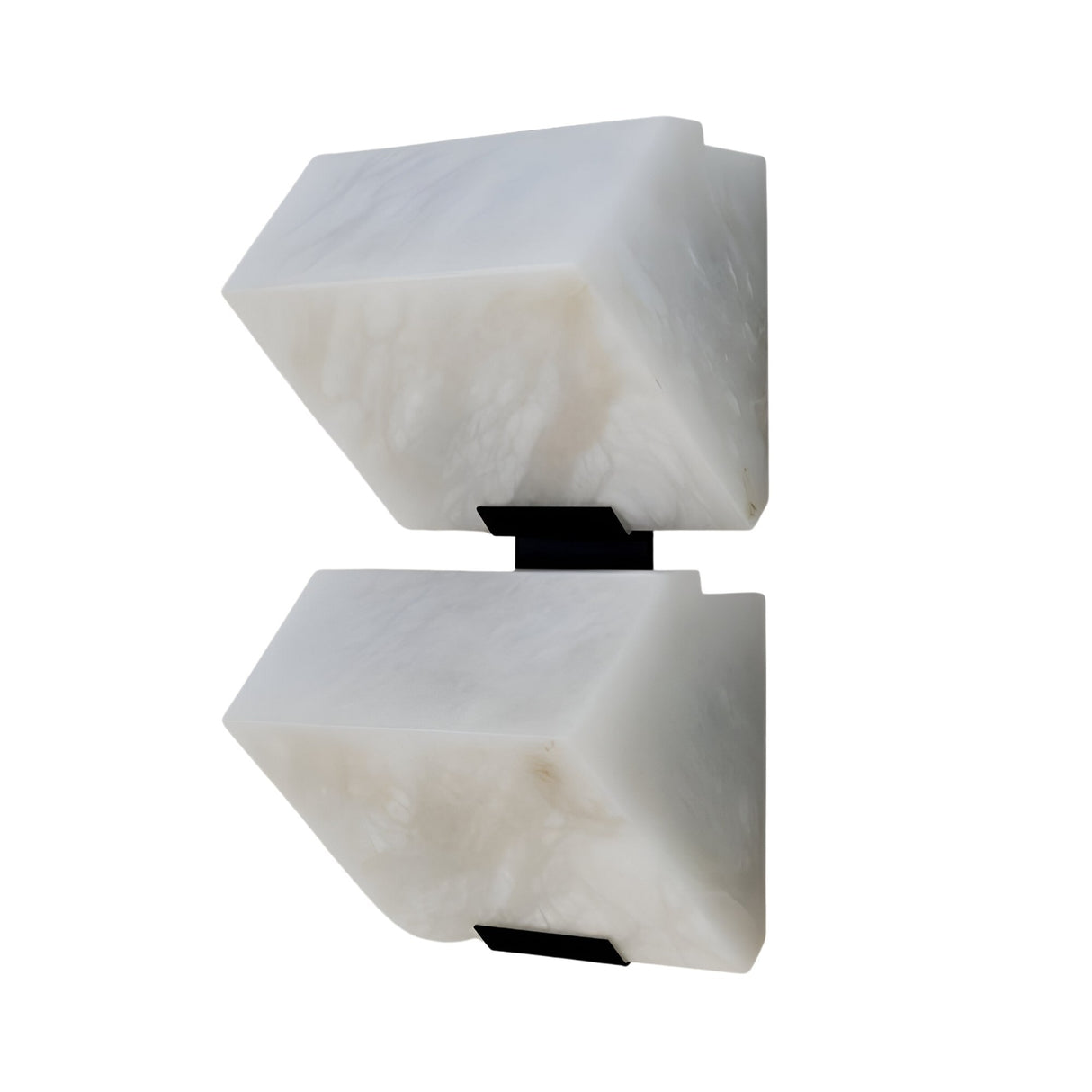 The Calyrix LED Small Stacked Alabaster Wall Light – Soft White features two rectangular alabaster-inspired shades facing opposite ways, mounted on a sleek black metal fixture for a modern sculptural look.