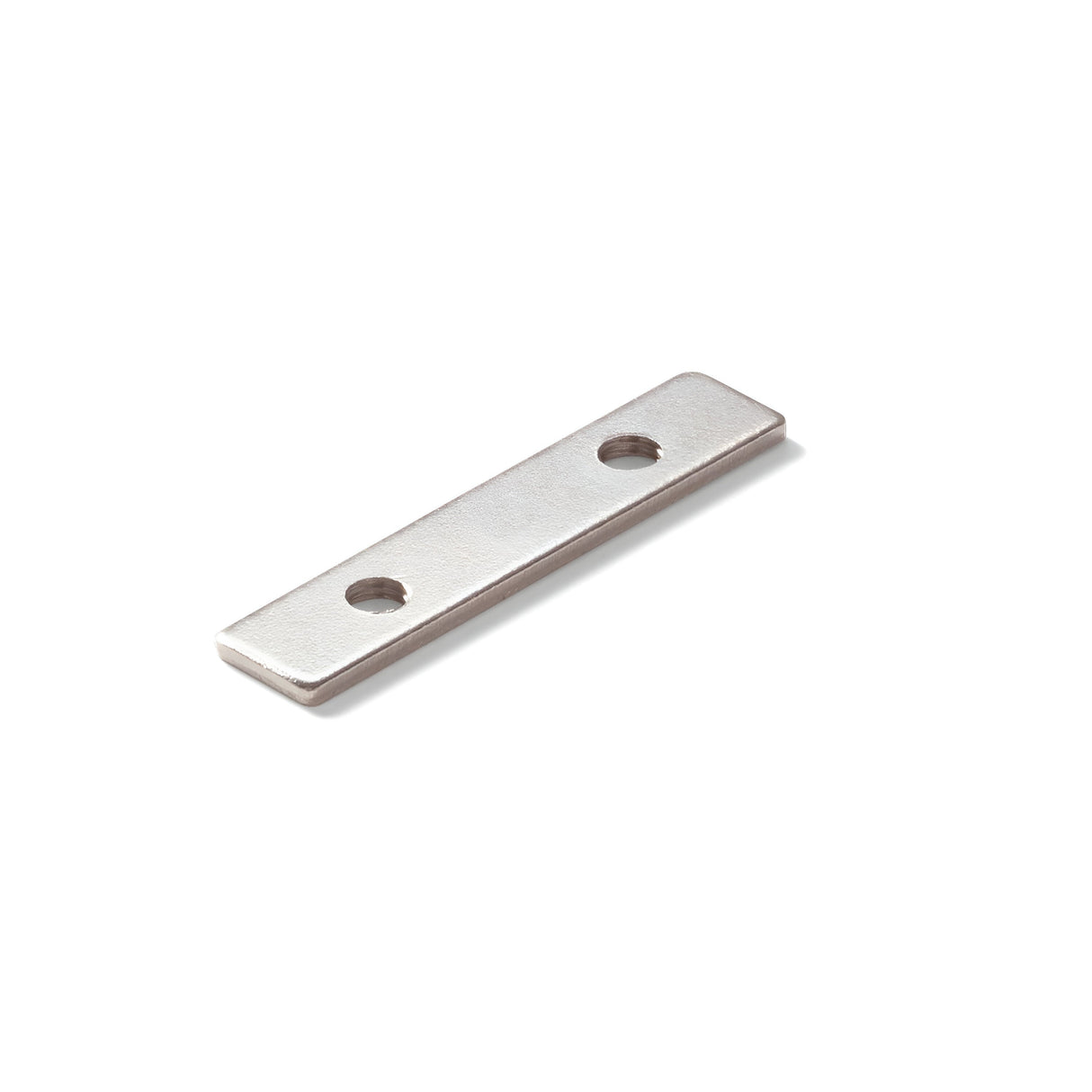 The Lyris Trim Bracket for LED Strips features a metallic rectangular design with two evenly spaced circular holes, making it perfect for secure and visually appealing LED strip installations, isolated on a white background.