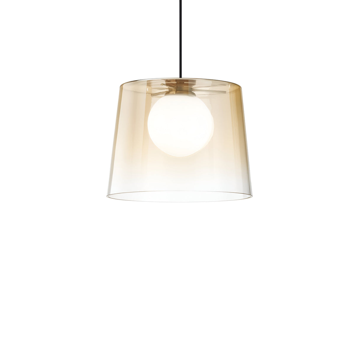 The Zenith 1 Light Glass Pendant - Brass features a translucent amber-colored glass shade suspended from a sleek black cord. The bulb inside casts a warm glow, adding a cozy ambiance to any space. With its minimalist design, this modern and elegant piece embodies contemporary style lighting that complements various interior styles.