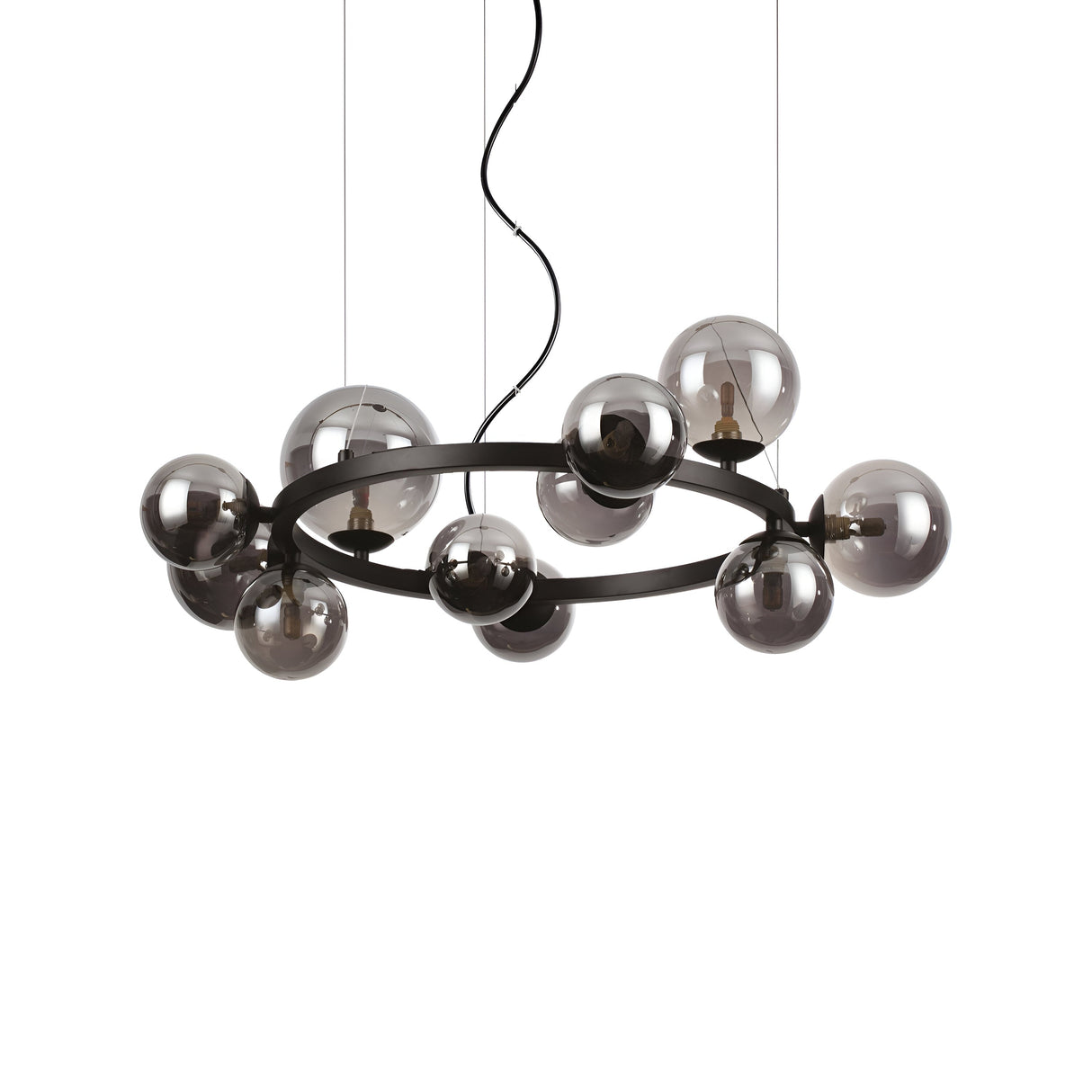 The Solana 11 Suspension Light - Black is a contemporary lighting fixture featuring a circular black frame adorned with ten spherical smoked Pyrex glass shades. These sophisticated translucent shades beautifully expose the bulbs within and are gracefully suspended in a ring by delicate wires.