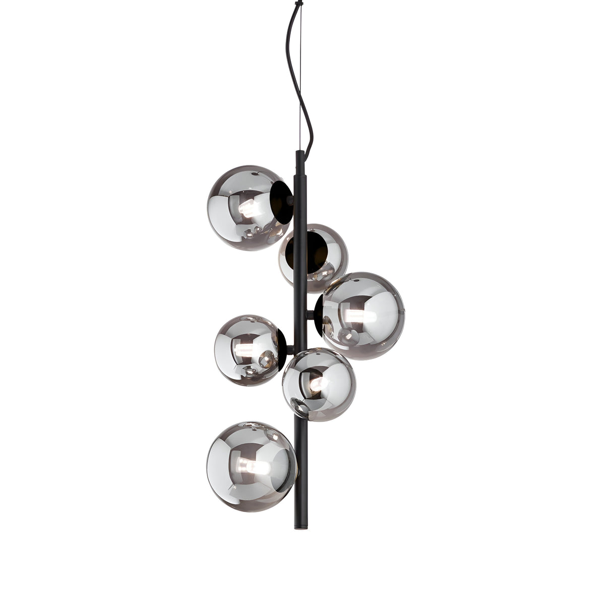 The Solana 6 Light Drop Suspension - Black is a contemporary lighting fixture featuring a sleek black vertical rod adorned with six reflective, spherical bulbs. It hangs from a black cord and incorporates smoked Pyrex glass to create a distinctly modern design.