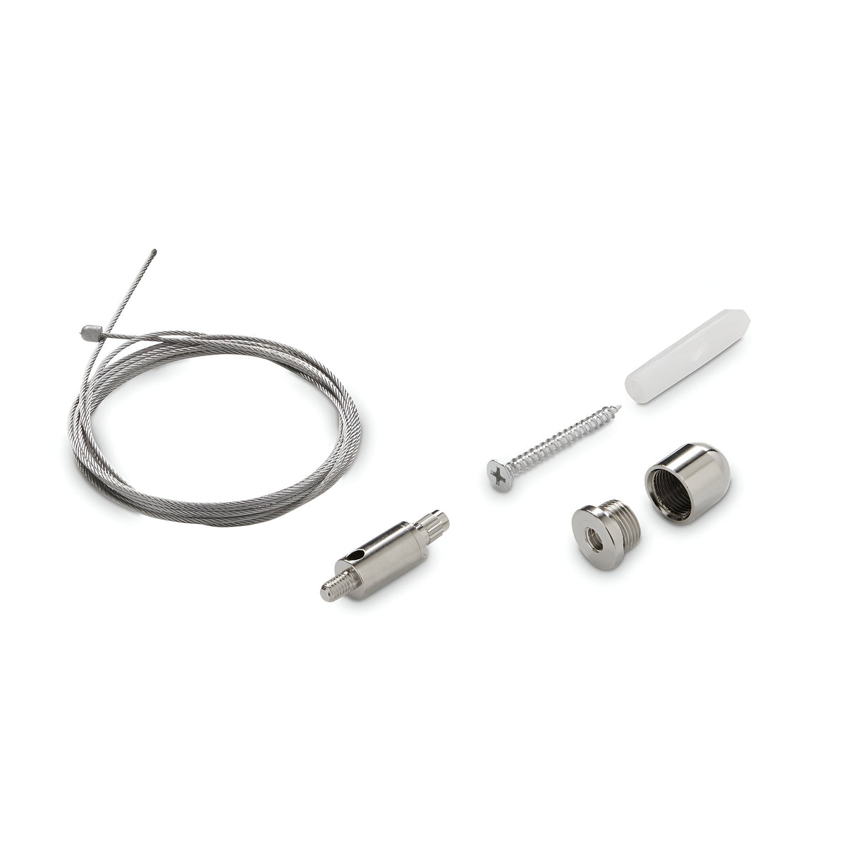 The Ignitia Kit LED Suspension Steel Cable - 2m is showcased on a white background, highlighting its coiled metal cable, which is perfect for LED Suspension Steel Cable systems. It includes a screw, a cylindrical attachment, and two small metal fittings, making it ideal for innovative lighting applications.