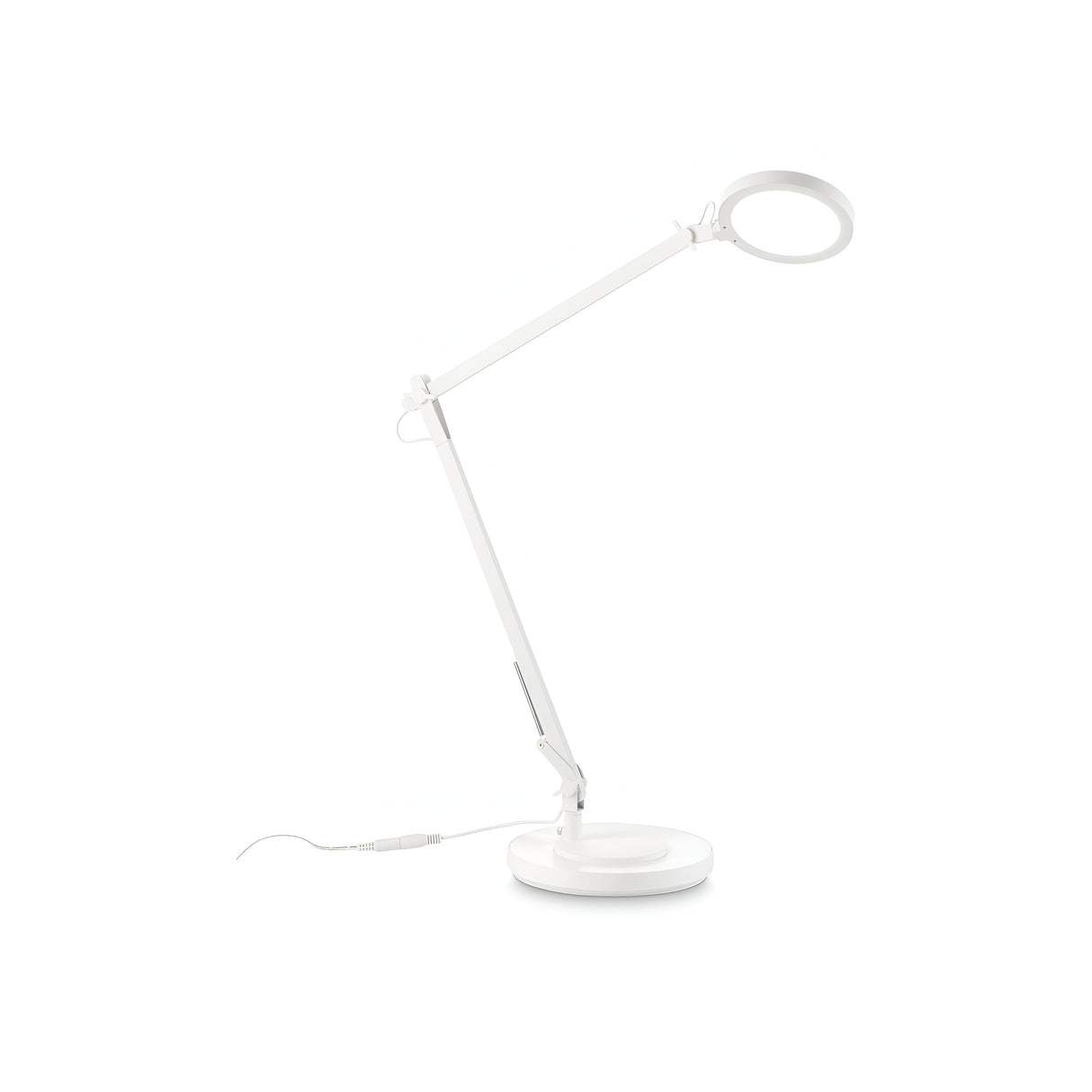 The Prismora LED Table Lamp 12.5W 4000K in white showcases a minimalist design with its sleek, modern look. It features an adjustable arm and circular lampshade, along with an LED diffuser that can be adjusted for optimal lighting. The lamp is turned off and connected to a power cord against a plain white background.