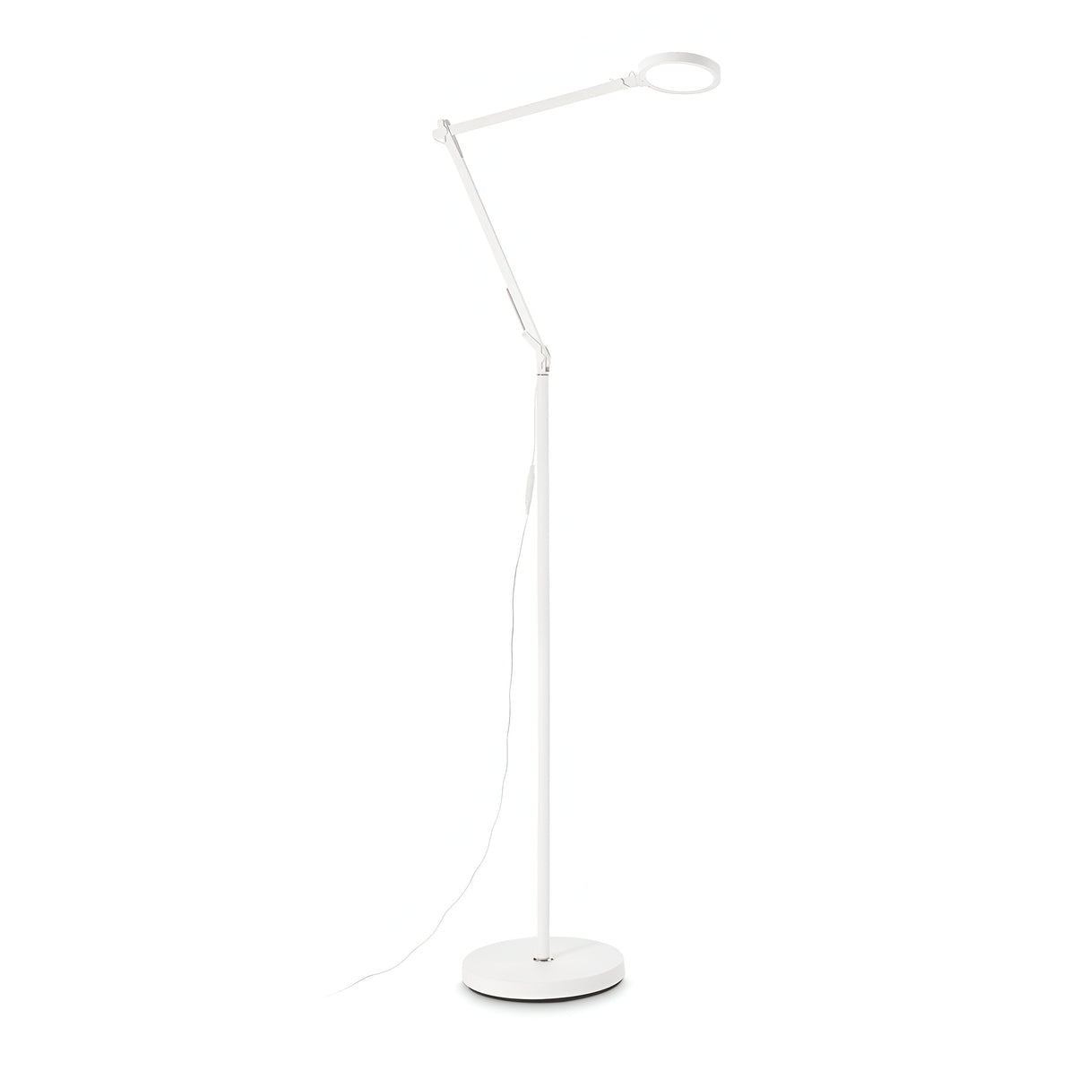 Introducing the Prismora LED Floor Lamp 12.5W 4000K in white: a sleek, modern lighting solution featuring an adjustable arm and circular lamp head. Designed with a simple round base and complemented by a long power cord, this minimalist lamp provides elegant task lighting perfect for contemporary interiors.