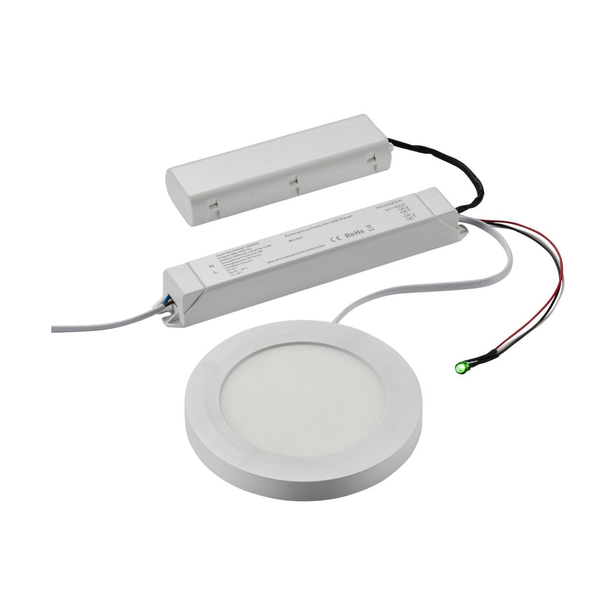 The CPL Downlight Emergency Kit features a round LED panel light complete with attached wiring and two rectangular power supply units, offering IP20 protection. The panel is white with a frosted surface, while the power supplies are equipped with visible labels, a small green indicator light, and are designed to be compatible with CPL fittings.