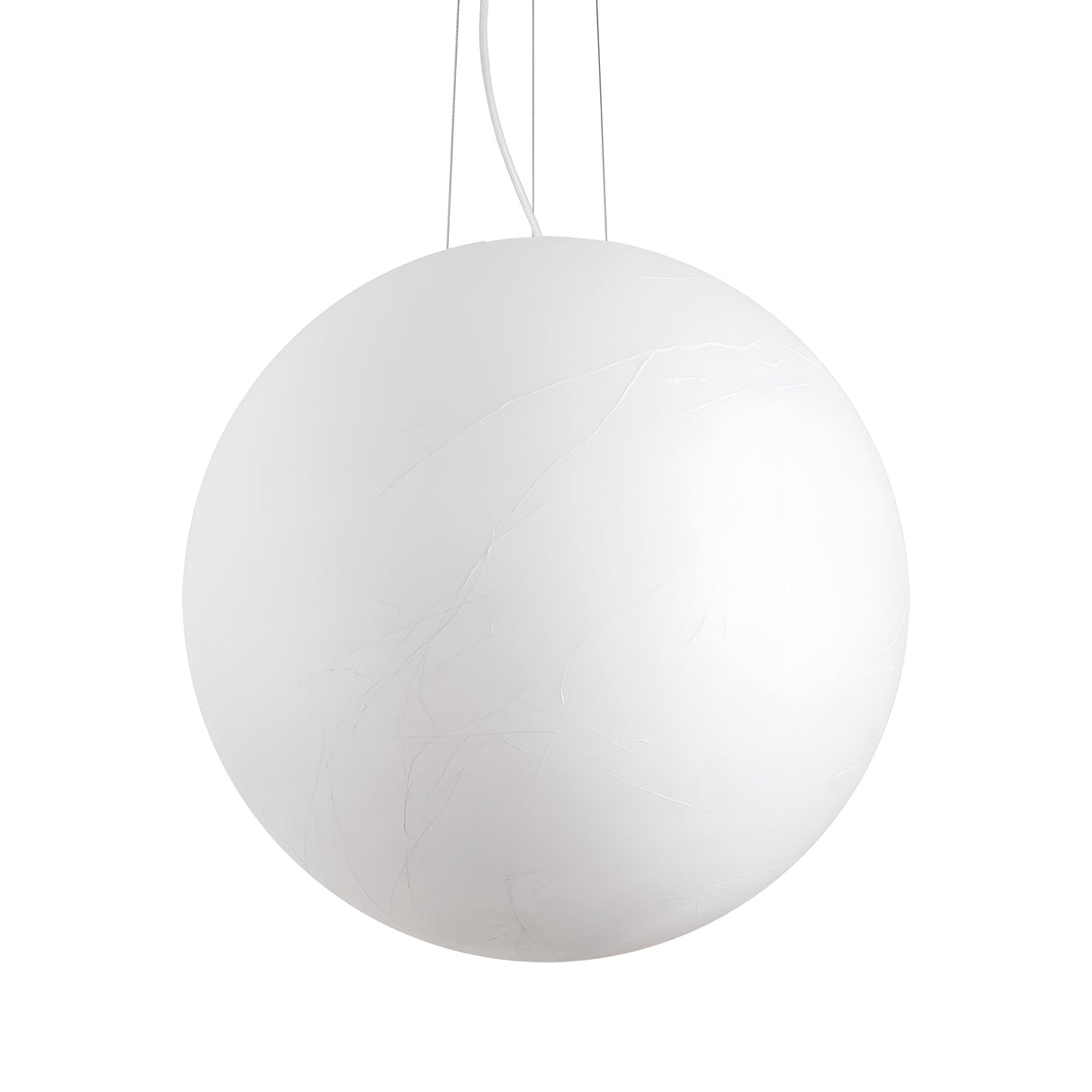 The Gleonis 1 Light Pendant - White, 60cm showcases a sleek, white spherical silhouette that hangs elegantly from the ceiling on slender cables. Its simple and refined design embodies contemporary sophistication and includes a dimmable feature for customized lighting ambiance.