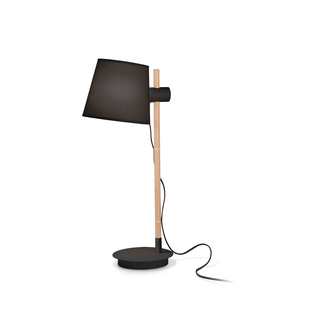 The Twine Wood Table Lamp - Black features a contemporary design with its black shade and cylindrical base. Its wooden stem and visible cord add natural elements, while the slightly tilted shade gives it a sleek, modern appearance, perfectly balancing minimalist and modern aesthetics.